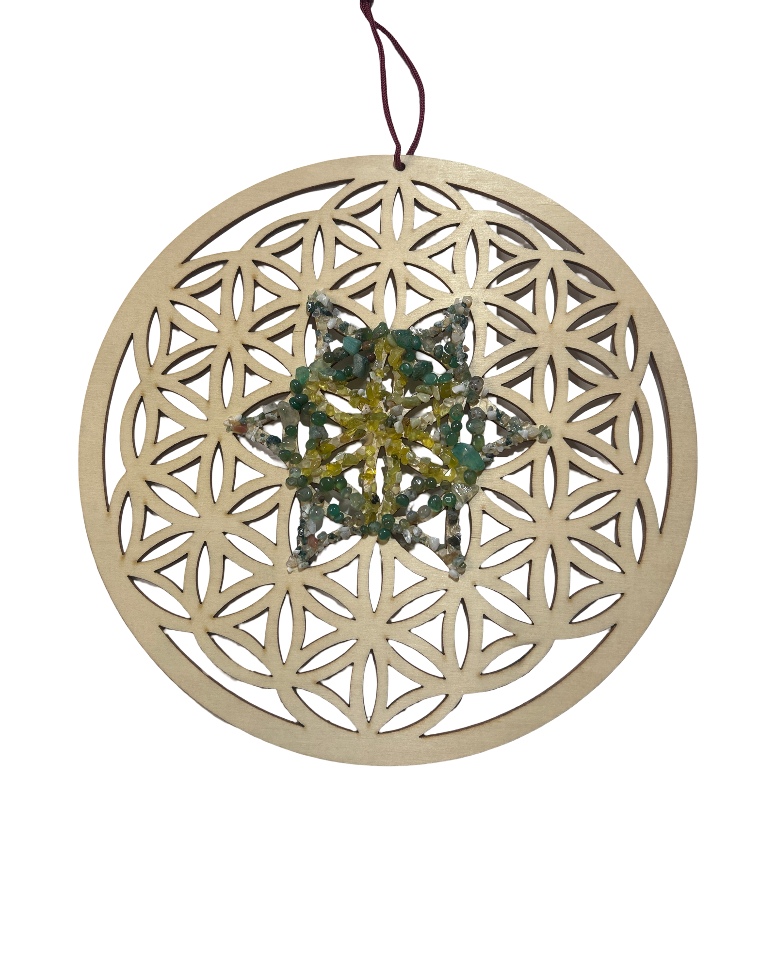 Fleur de vie 12 pouces serpentine, agate mousse et agate verte