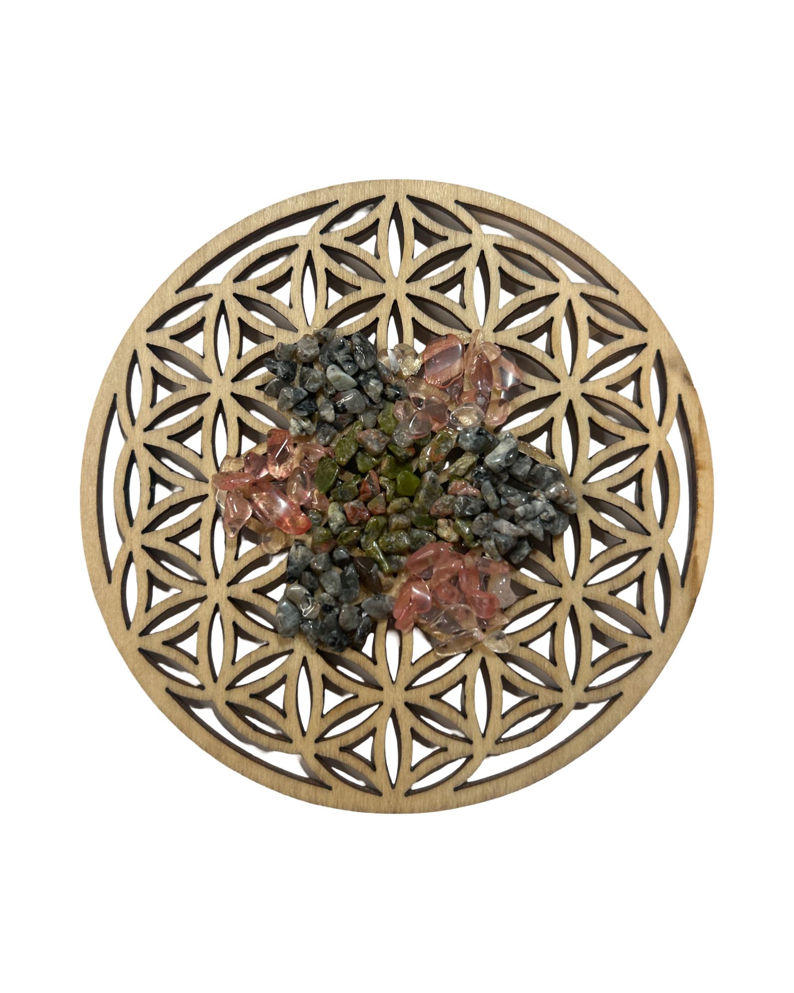 Fleur de vie 4 pouces unakite, quartz cerise et yooperlite