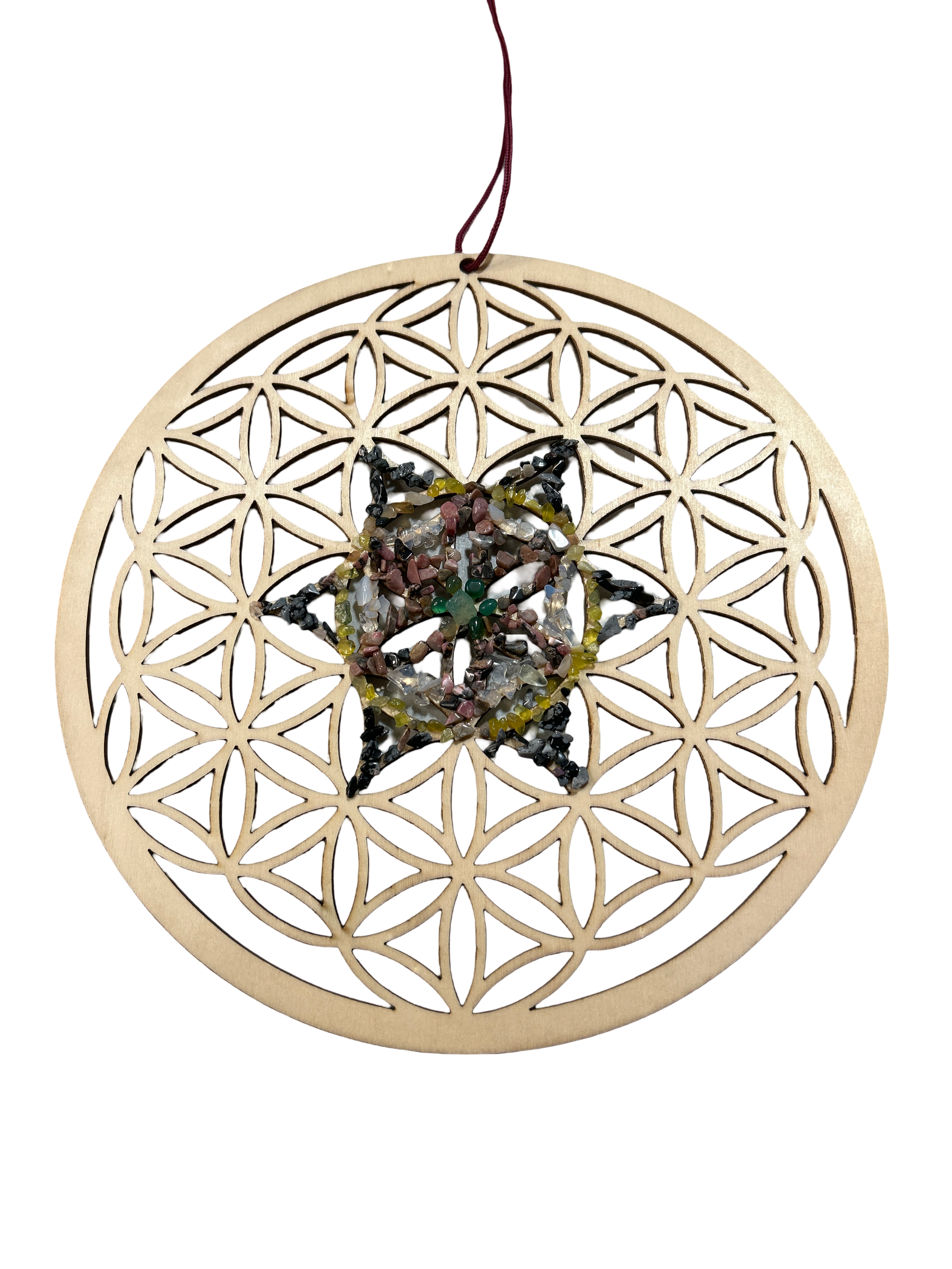 Fleur de vie 12 pouces agate verte, Rhodonite, opaline, serpentine et obsidienne neige