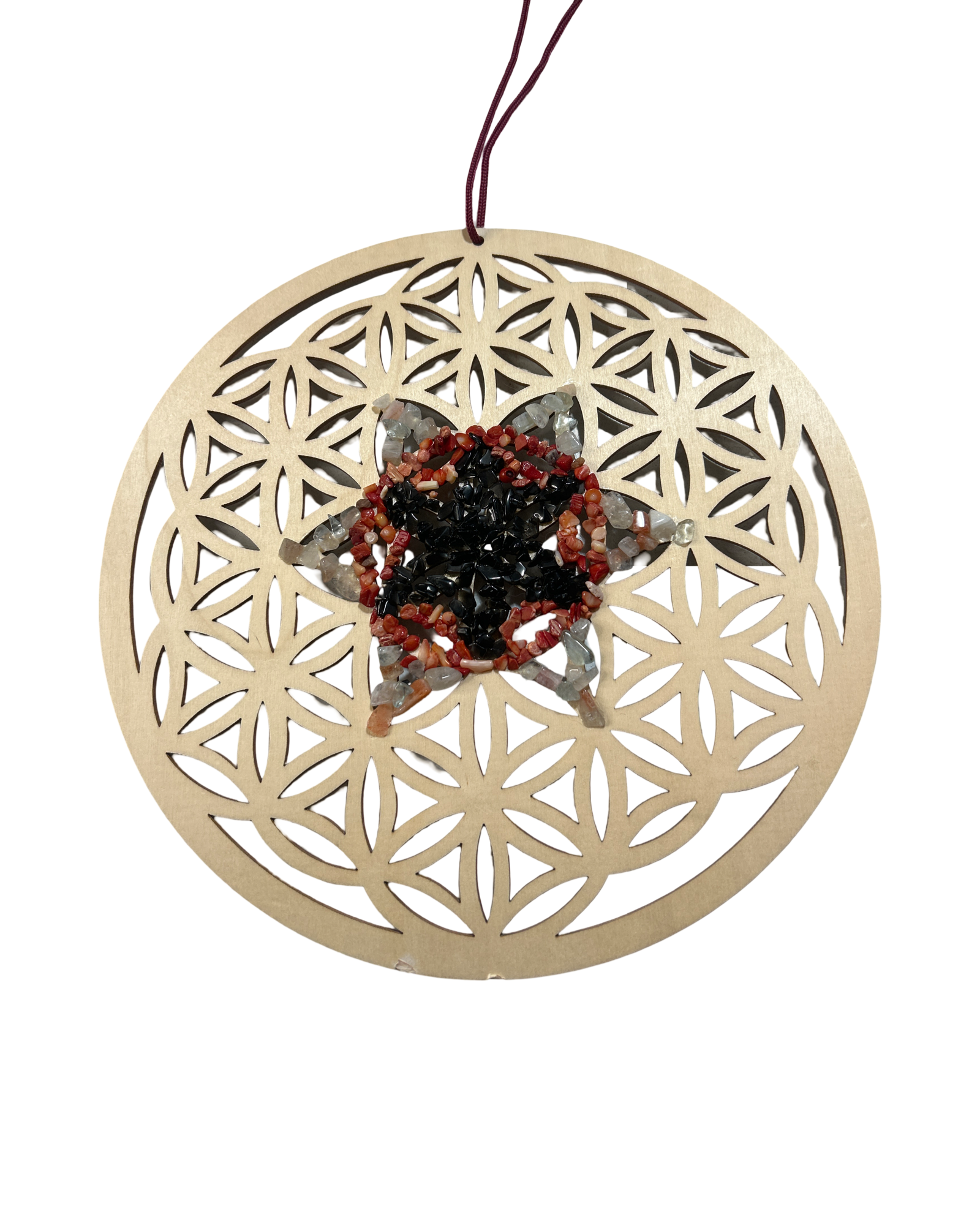 Fleur de vie 12 pouces obsidienne noir, corail rouge et arusha