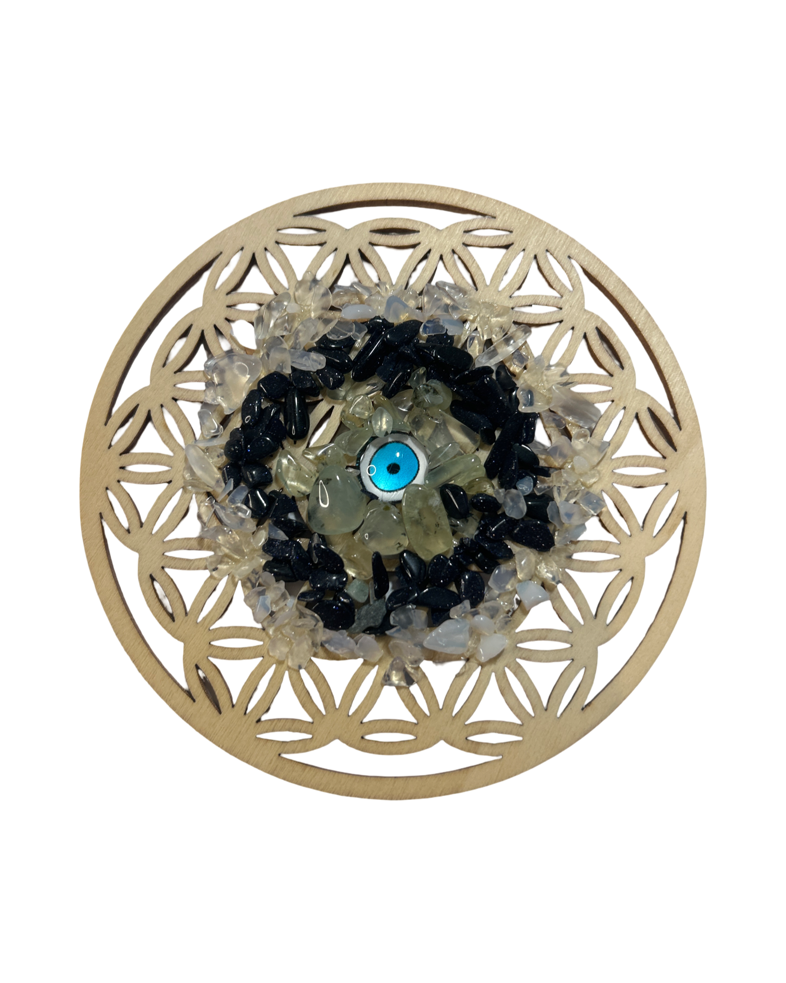 Fleur de vie 4 pouces prehnite, pierre de sable d’or bleu et opaline