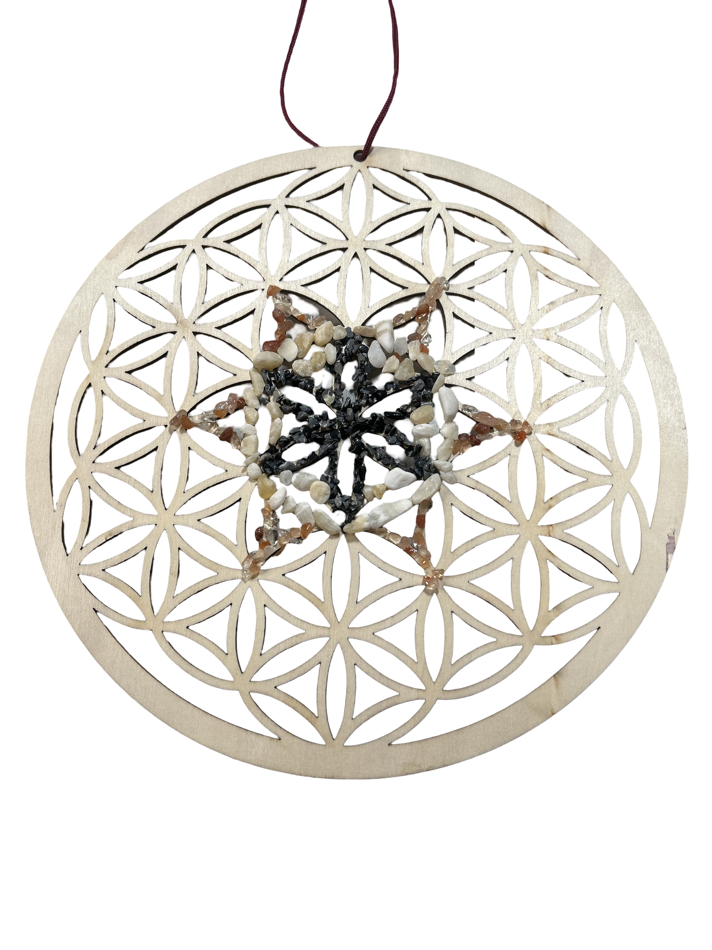 Fleur de vie 12 pouces obsidienne neige, calcite jaune et cornaline