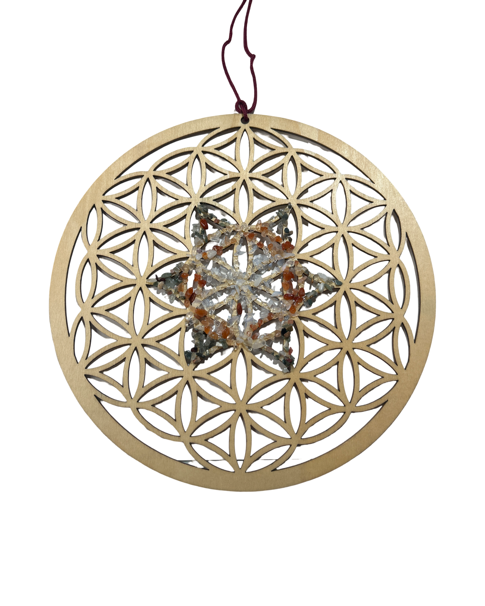 Fleur de vie 12 pouces opaline, cornaline et pierre d’or d’Afrique