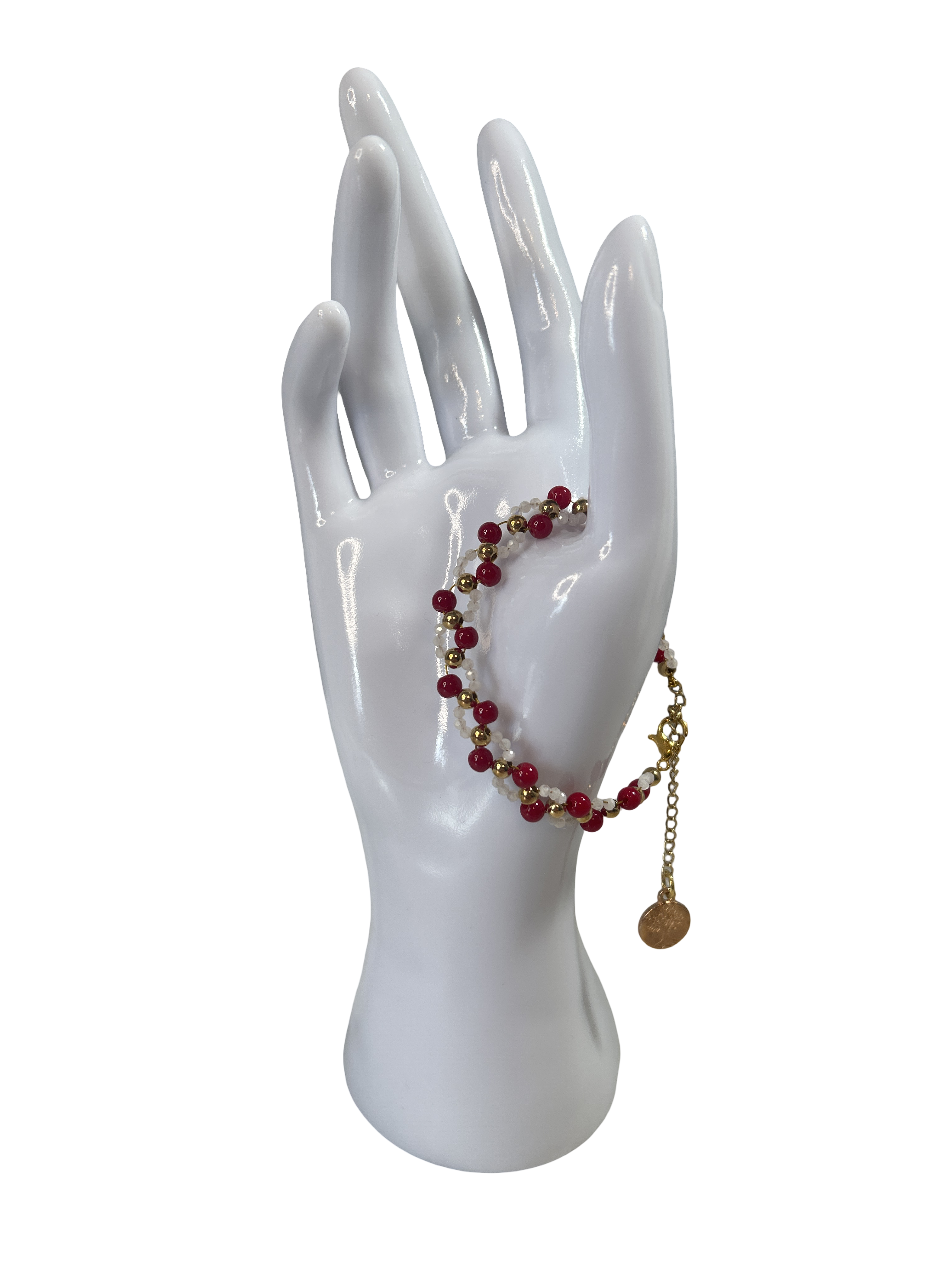 Bracelet tressé jade blanche et corail rouge