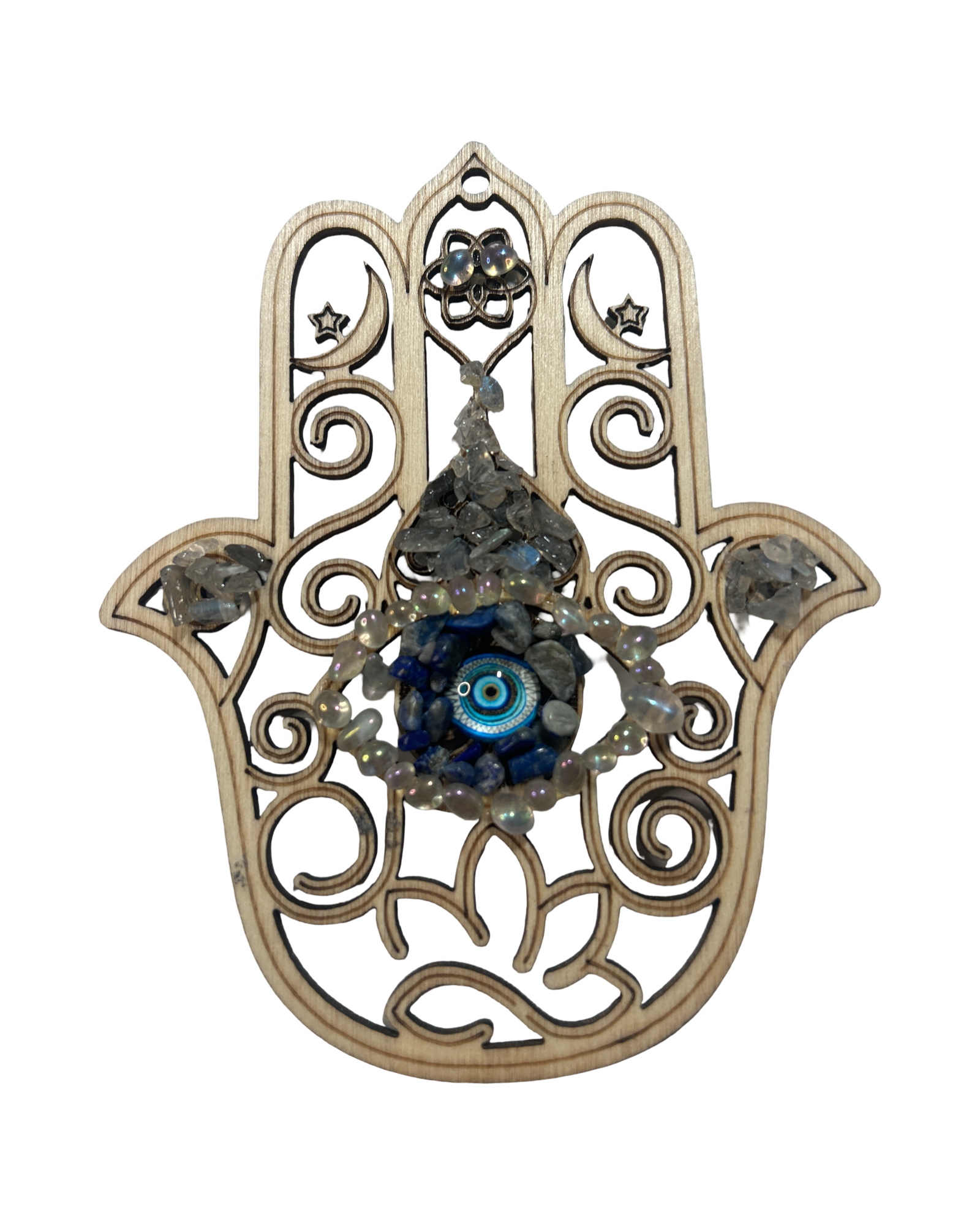 Main de Fatima 5 pouces lapis lazuli, aura Angel et pierre de lune