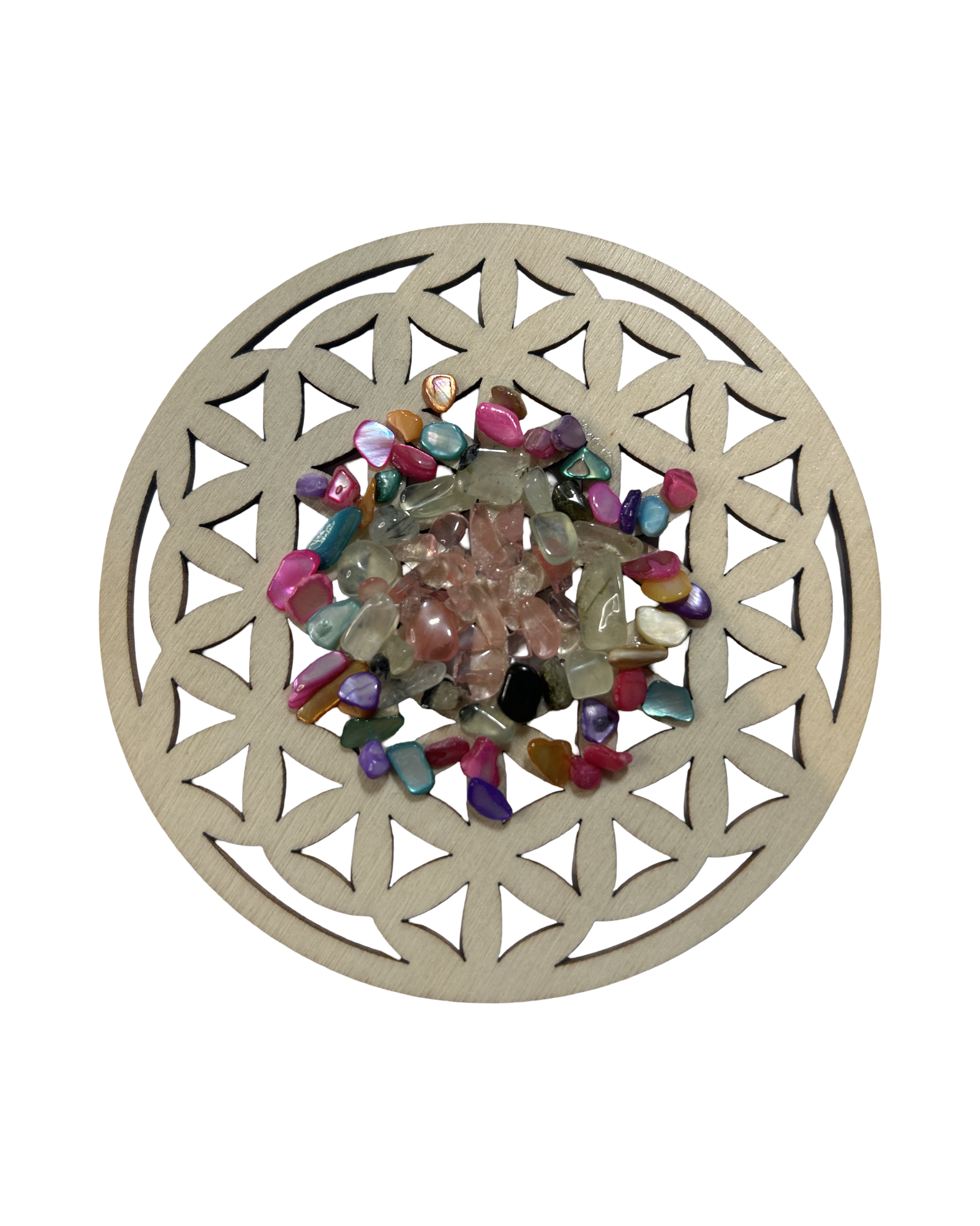 Fleur de vie quartz cerise, prehnite et hématite arc en ciel