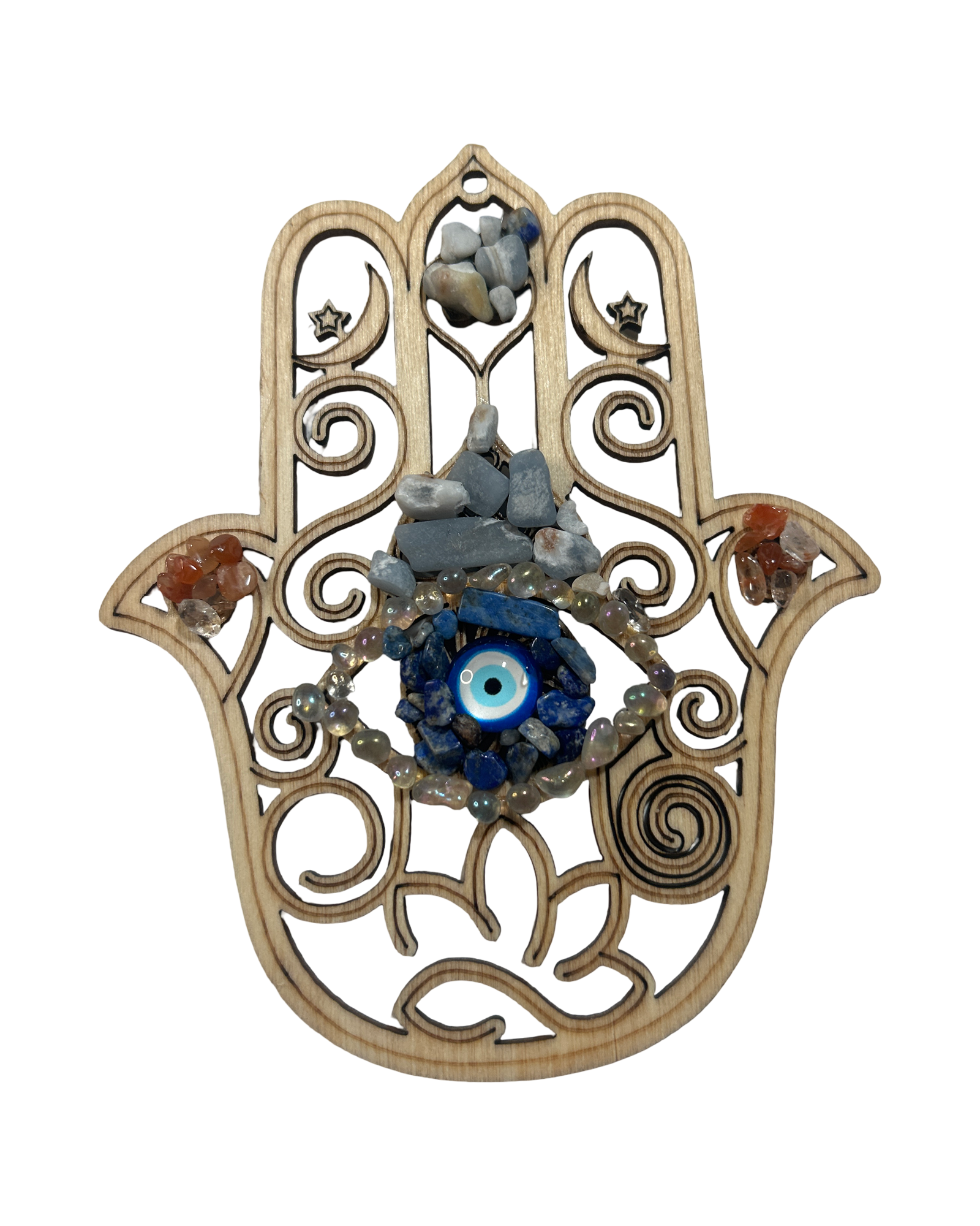 Main de Fatima 5 pouces lapis lazuli, aura Angel, calcite bleu et cornaline