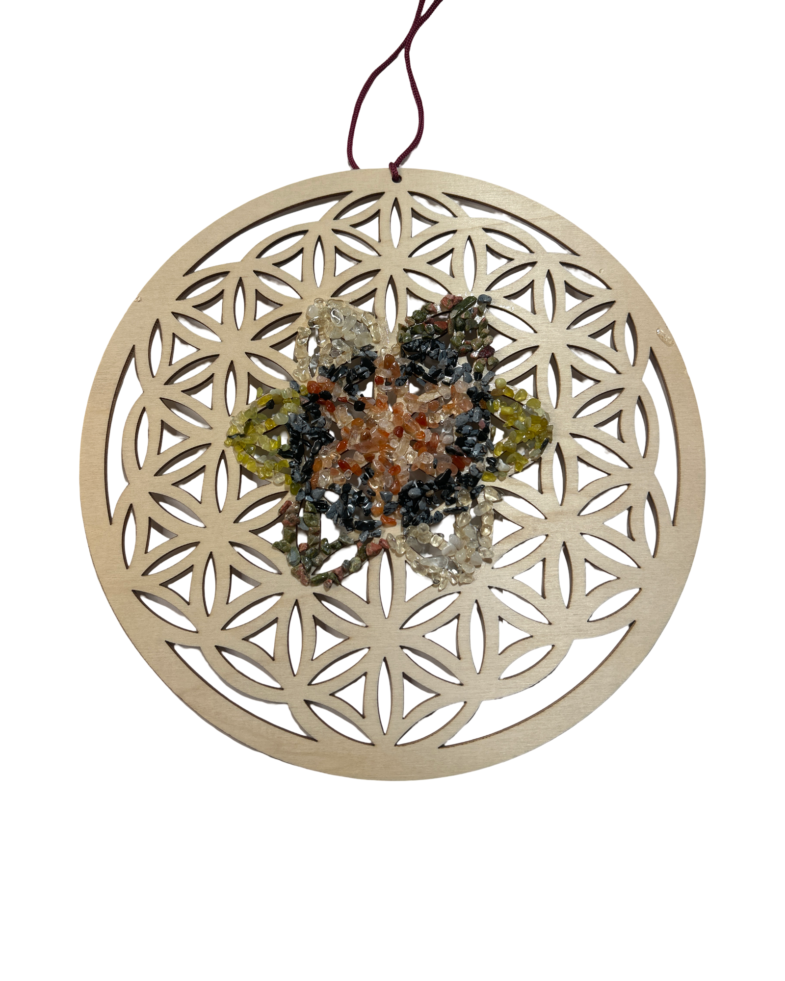 Fleur de vie 12 pouces cornaline, obsidienne neige, citrine, serpentine et unakite