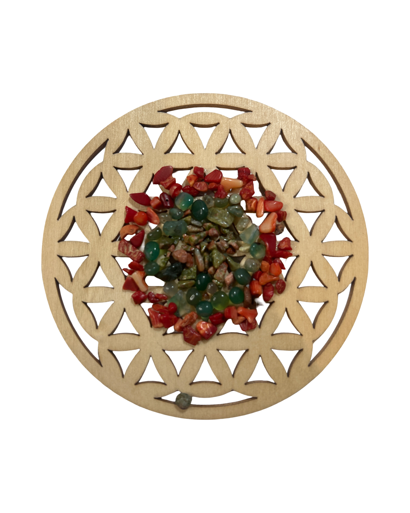 Fleur de vie 4 pouces unakite, agate verte et corail rouge