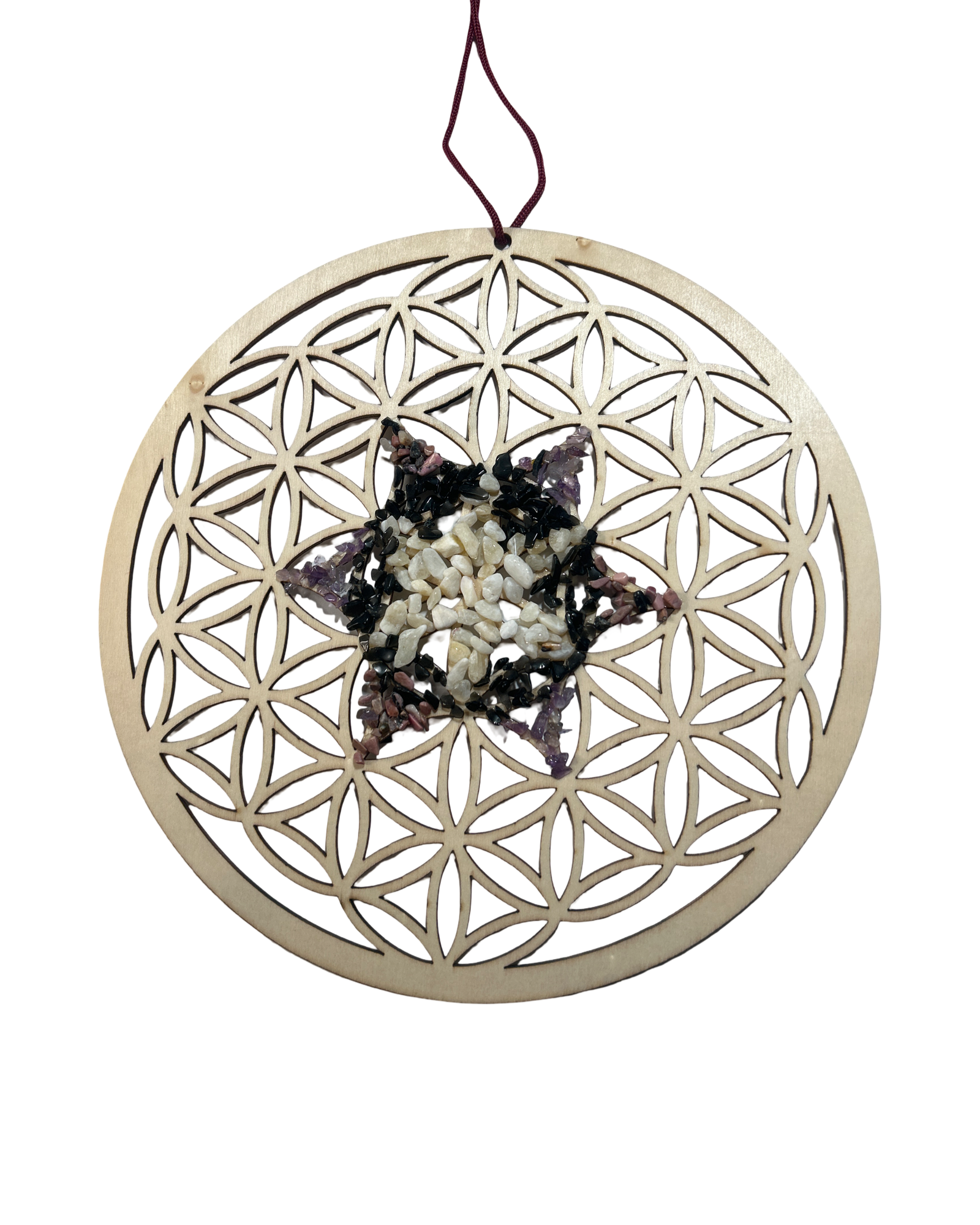 Fleur de vie 12 pouces calcite jaune, obsidienne, améthyste et Rhodonite