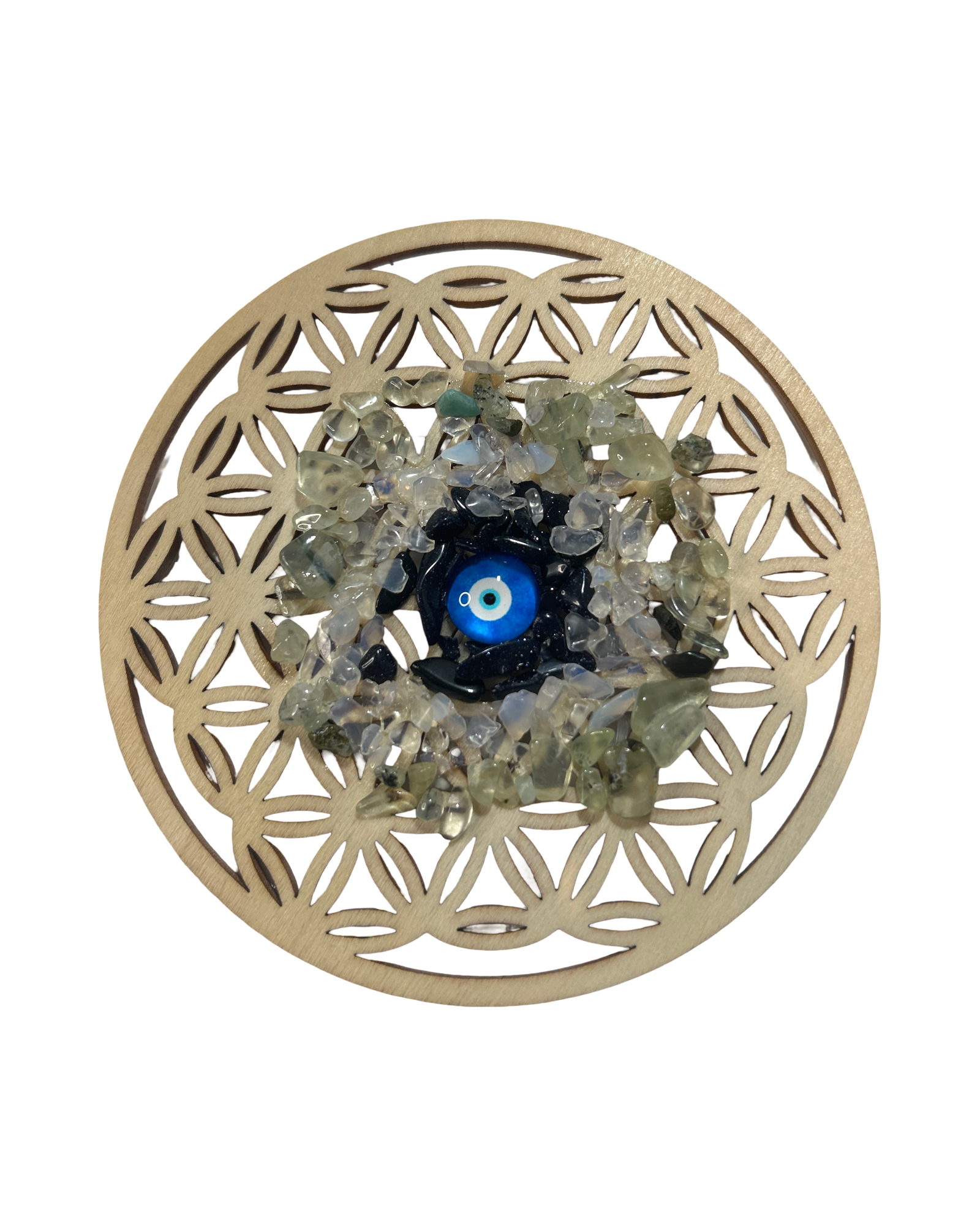 Fleur de vie 4 pouces pierre de sable d’or bleu, opaline et prehnite