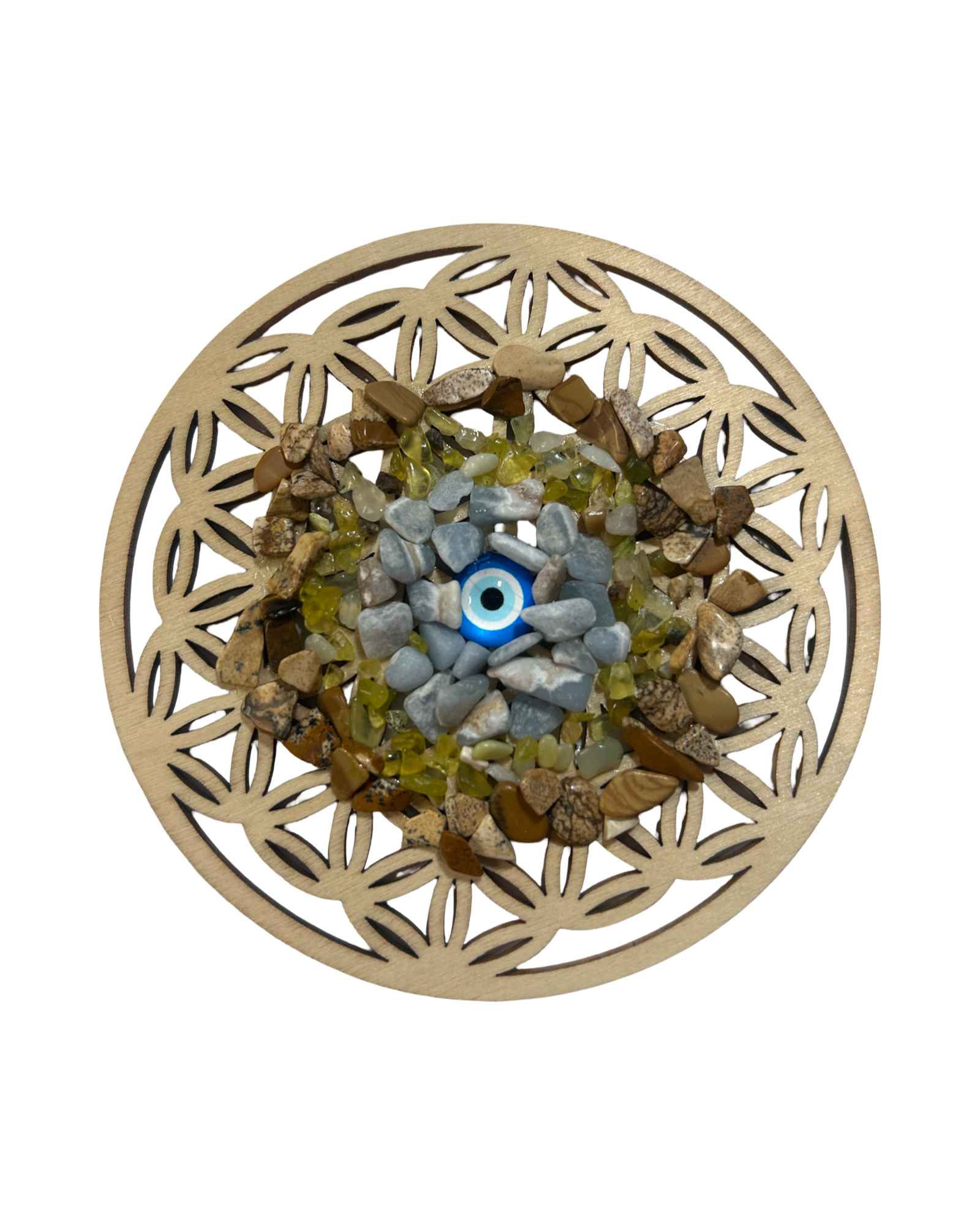 Fleur de vie 4 pouces Angélite bleu, serpentine et jaspe paysage