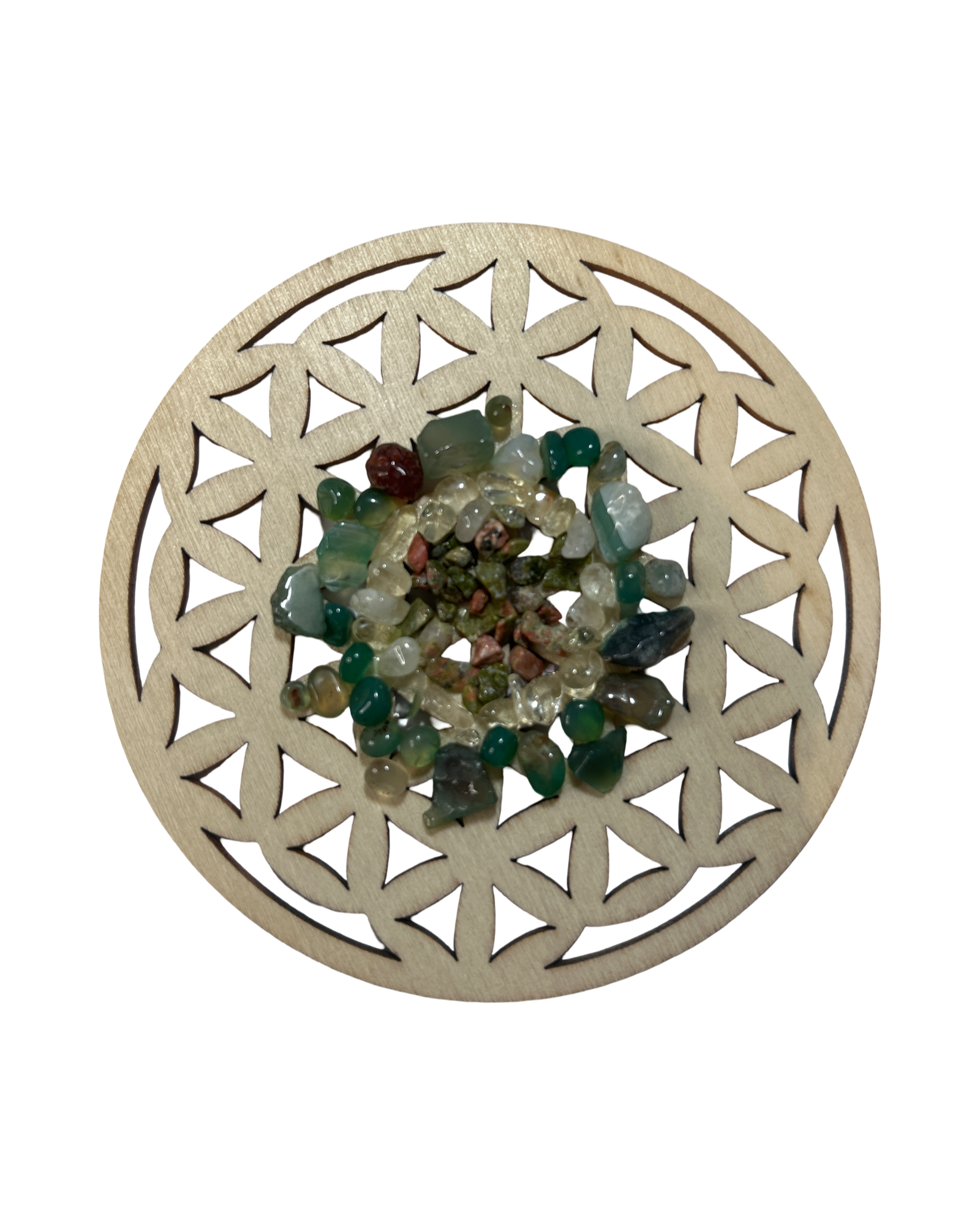 Fleur de vie 4 pouces unakite, citrine et agate verte