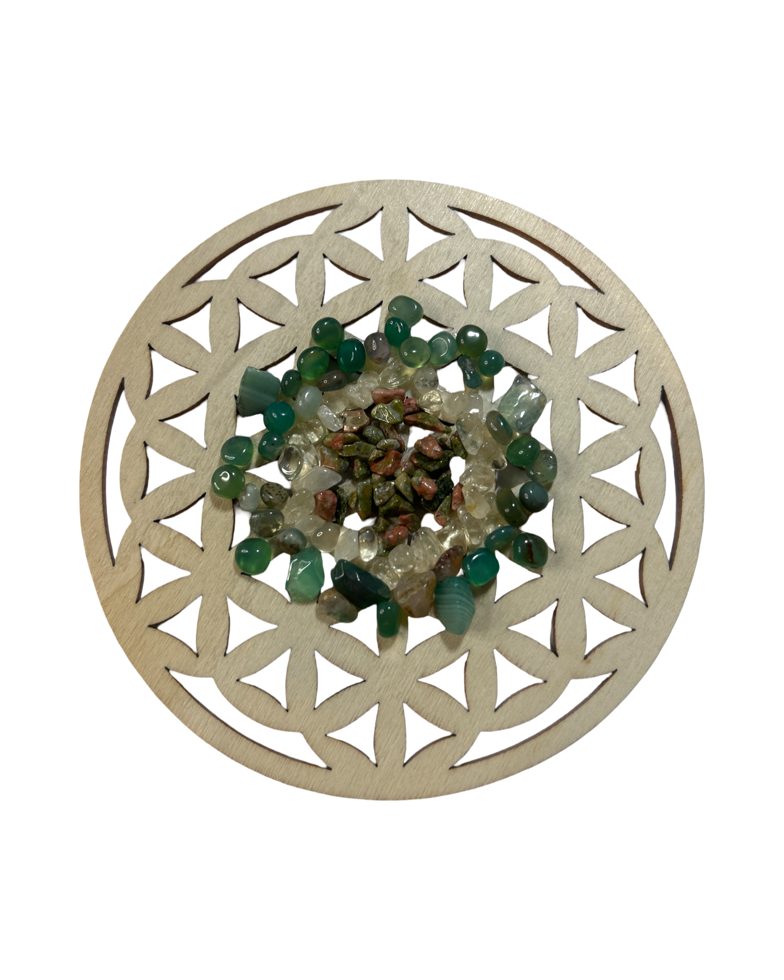 Fleur de vie 4 pouces unakite, citrine et agate verte