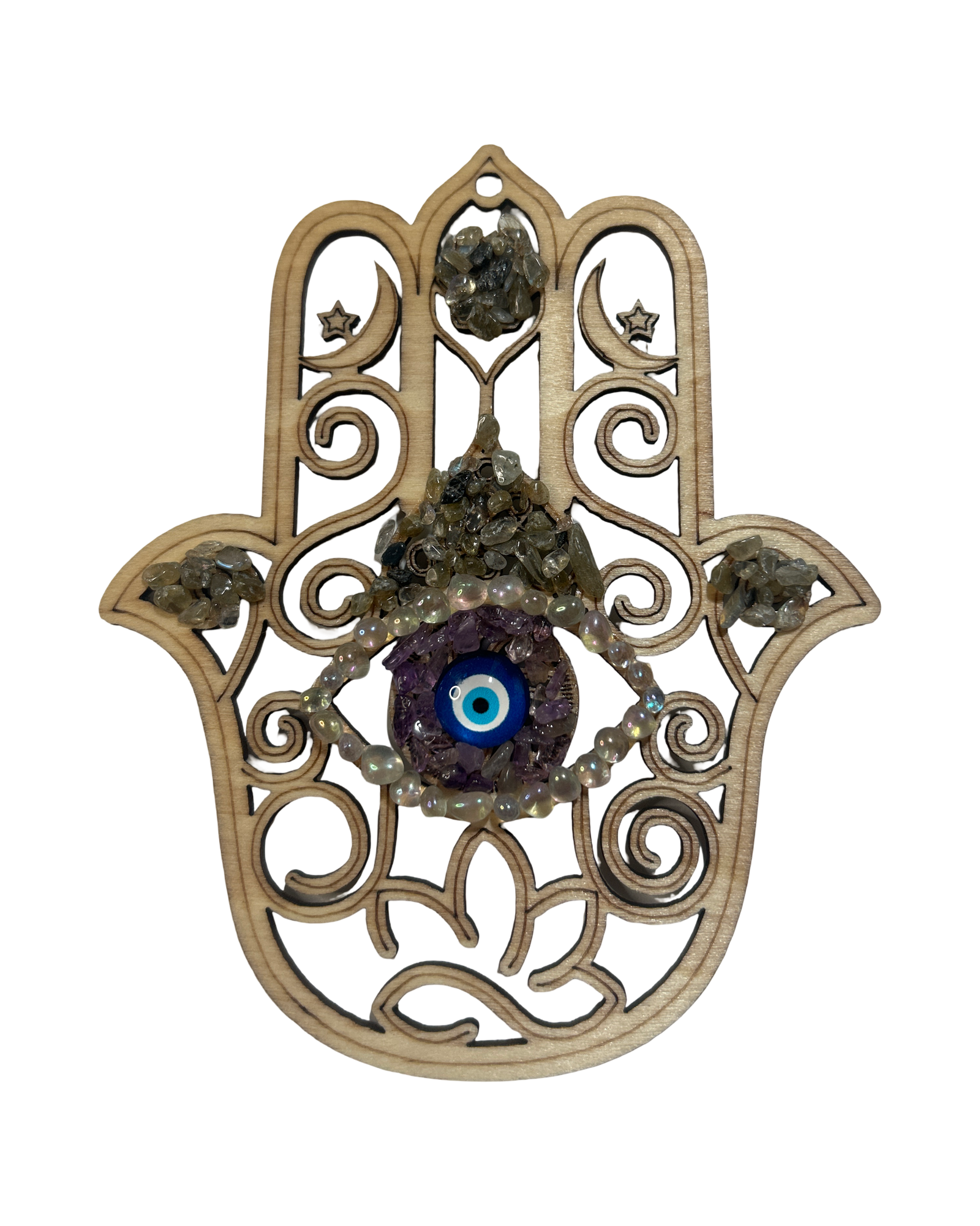 Main de Fatima 5 pouces améthyste, aura Angel et labradorite