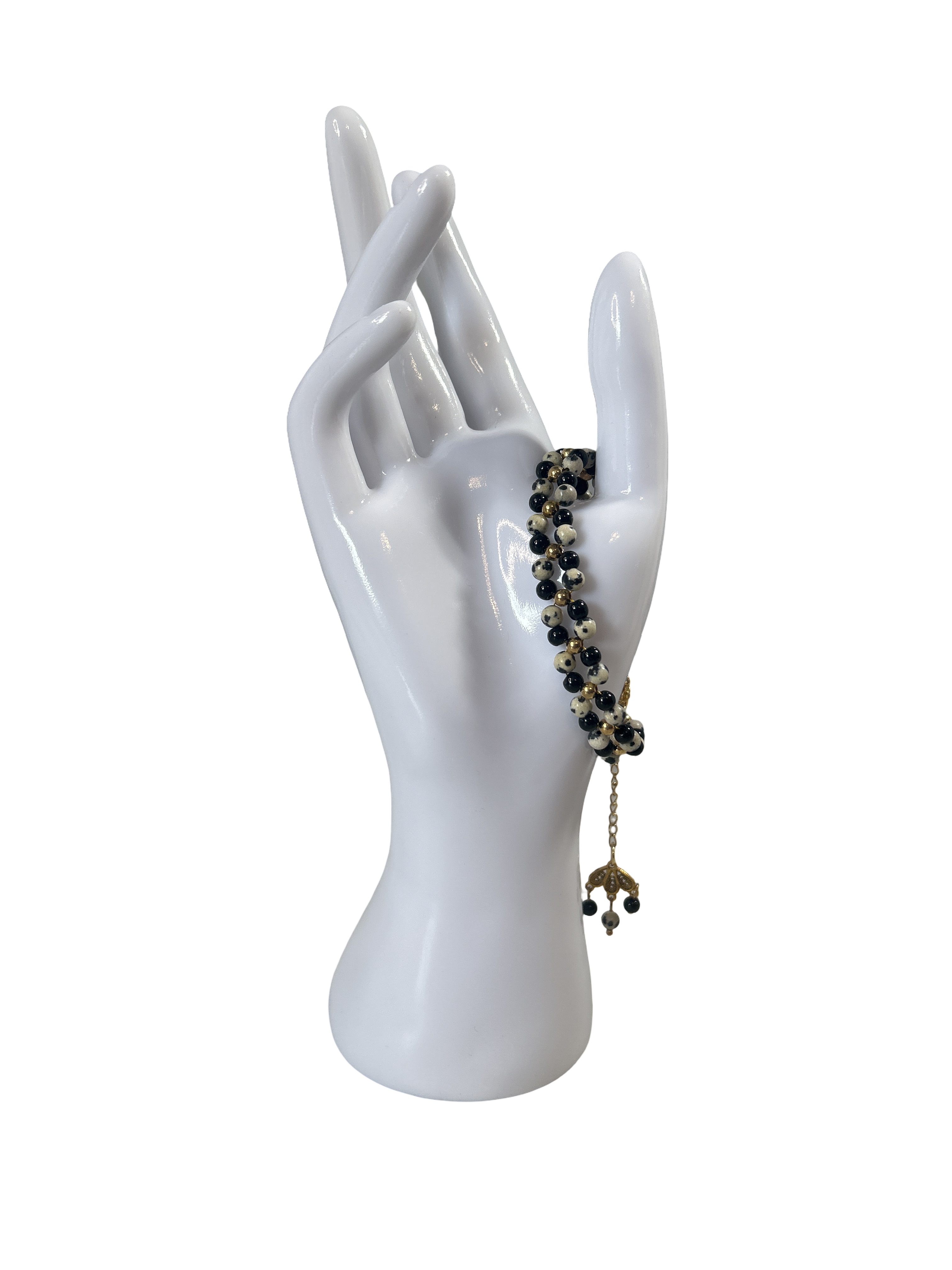 Bracelet tressé obsidienne et jaspe dalmatien