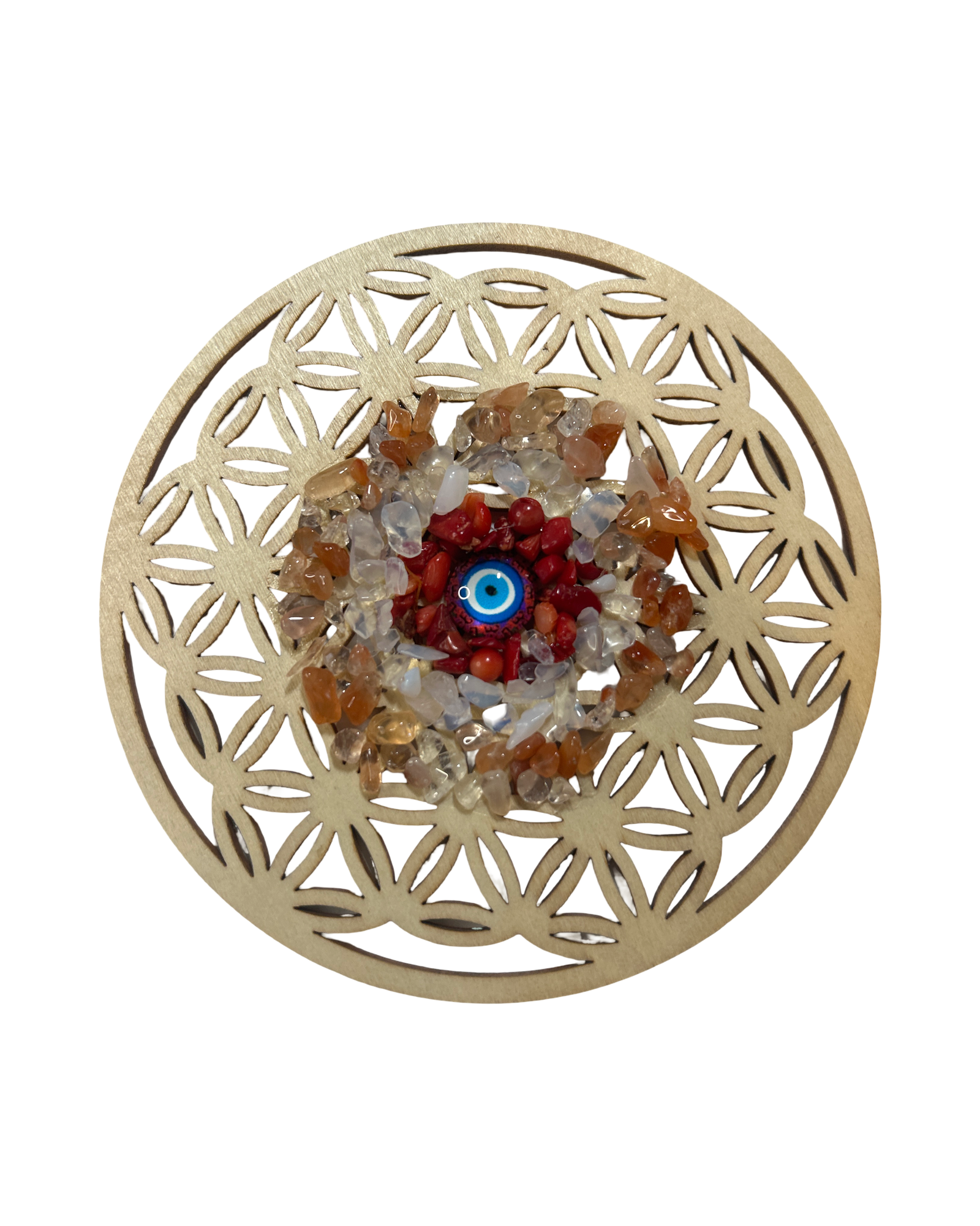 Fleur de vie 4 pouces opaline, corail rouge et cornaline