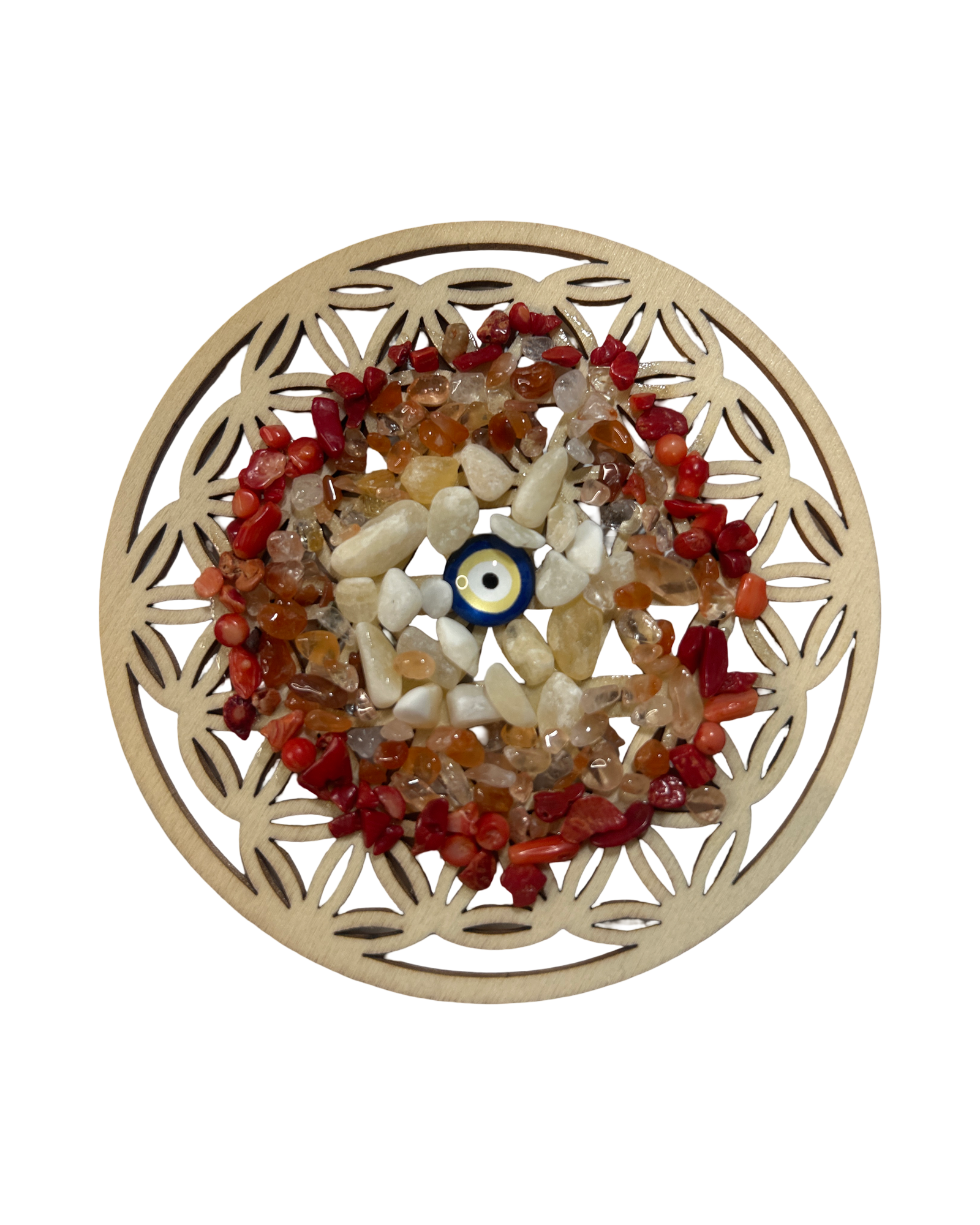 Fleur de vie 4 pouces, calcite jaune, cornaline et corail rouge