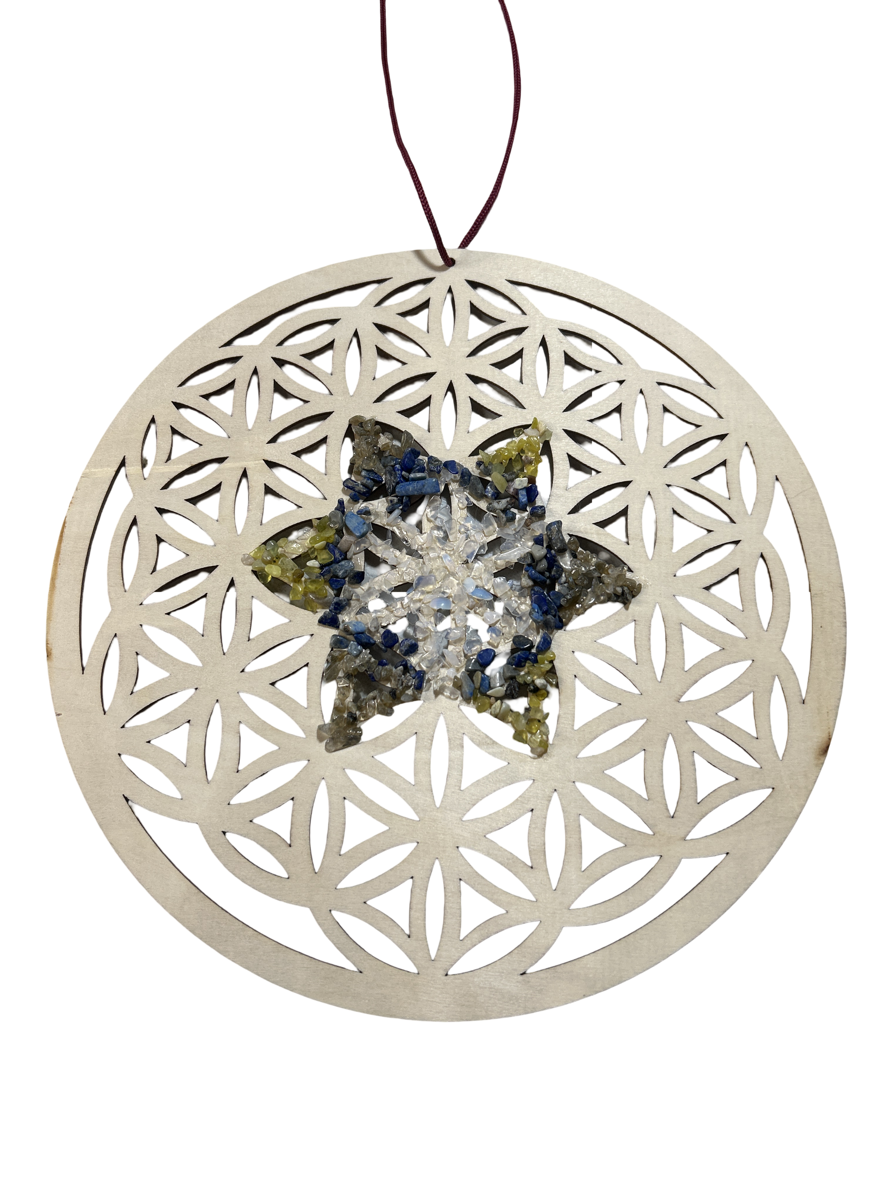 Fleur de vie 12 pouces opaline, lapis lazuli et serpentine