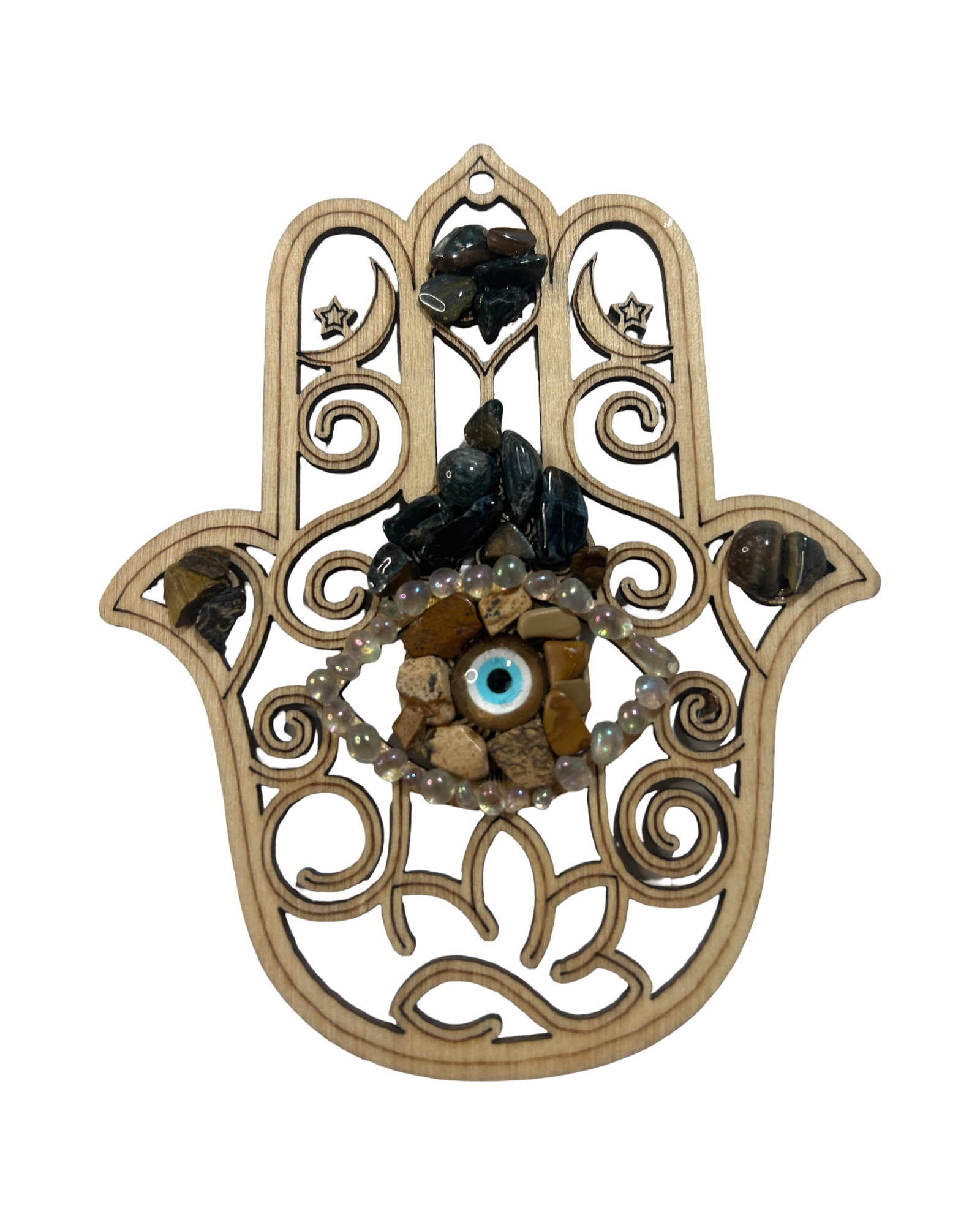 Main de Fatima 5 pouces jaspe paysage, aura Angel et œil de tigre