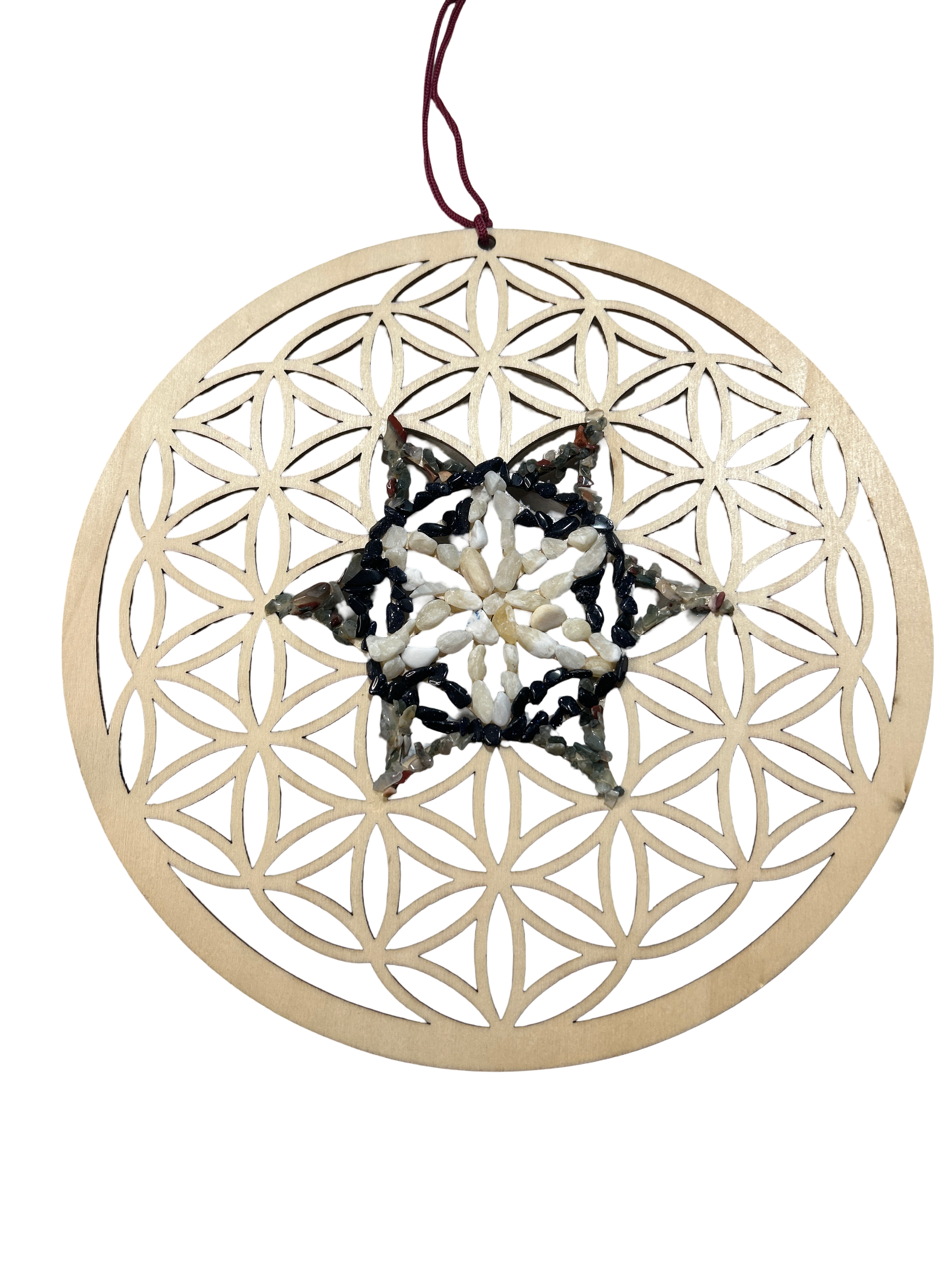 Fleur de vie 12 pouces calcite jaune, pierre de sable d’or bleu et jaspe sang de dragon