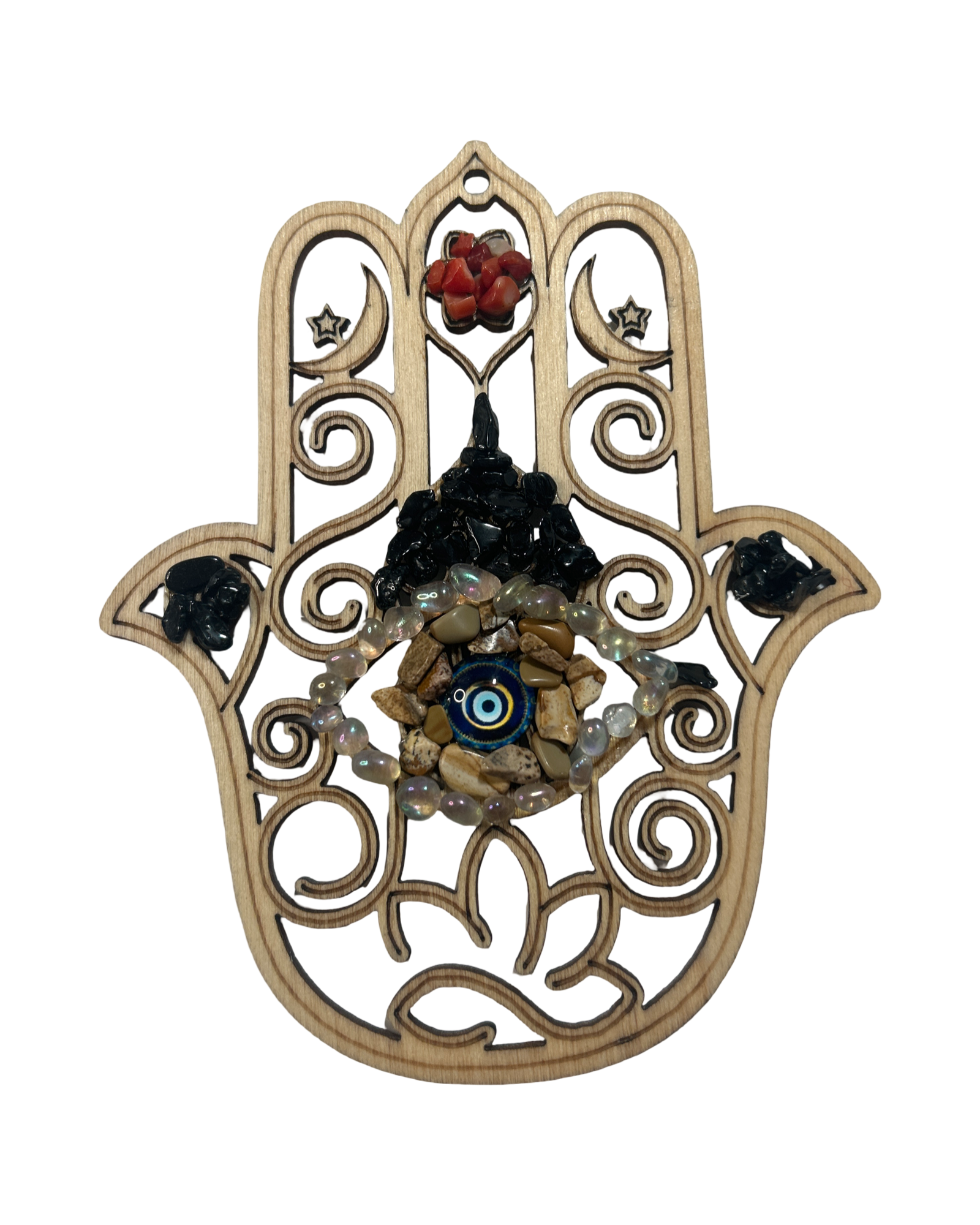 Main de Fatima 5 pouces jaspe paysage, aura Angel, obsidienne et corail rouge