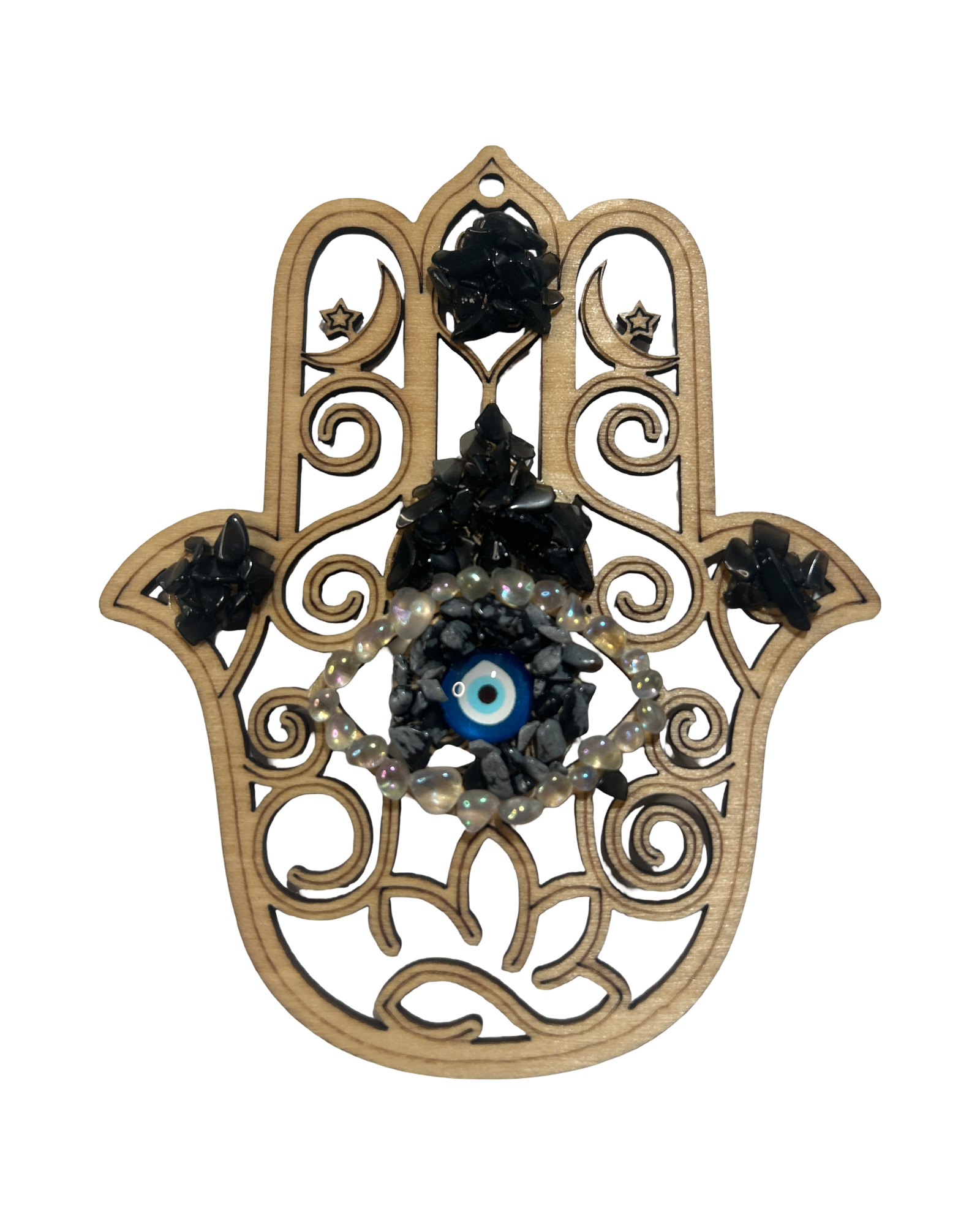 Main de Fatima 5 pouces obsidienne neige, aura Angel et obsidienne