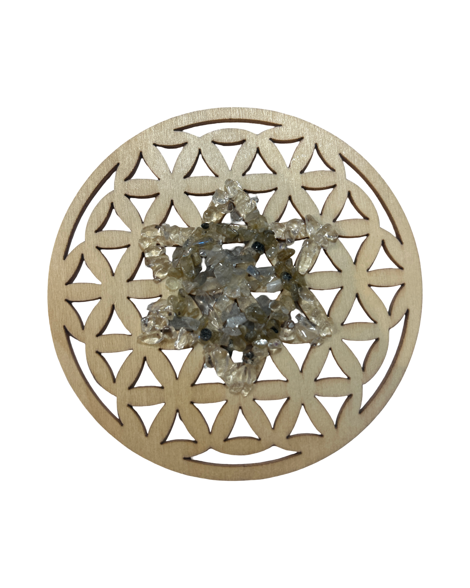 Fleur de vie 4 pouces pierre de lune, labradorite et cristal de roche