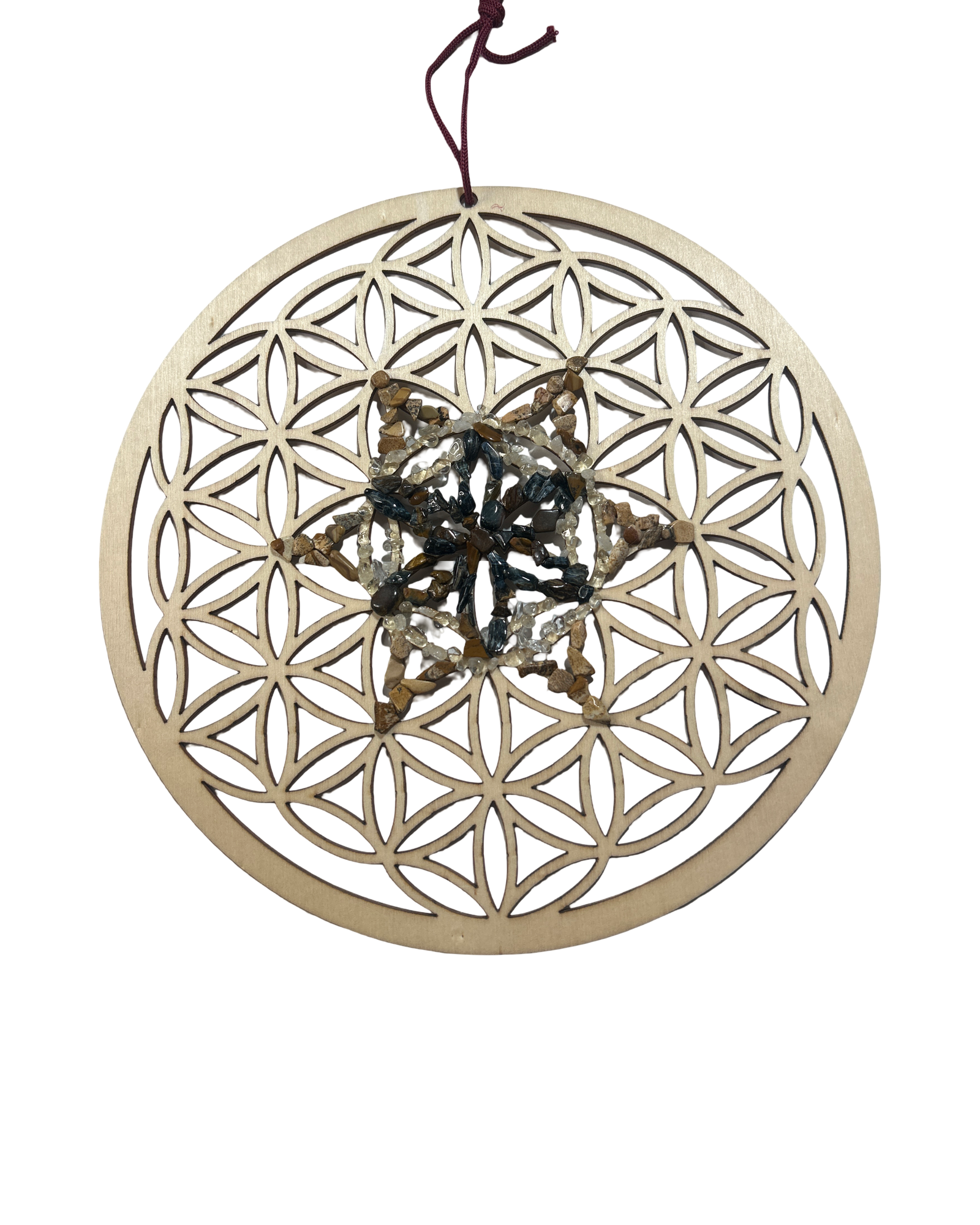 Fleur de vie 12 pouces œil de tigre, citrine et jaspe paysage