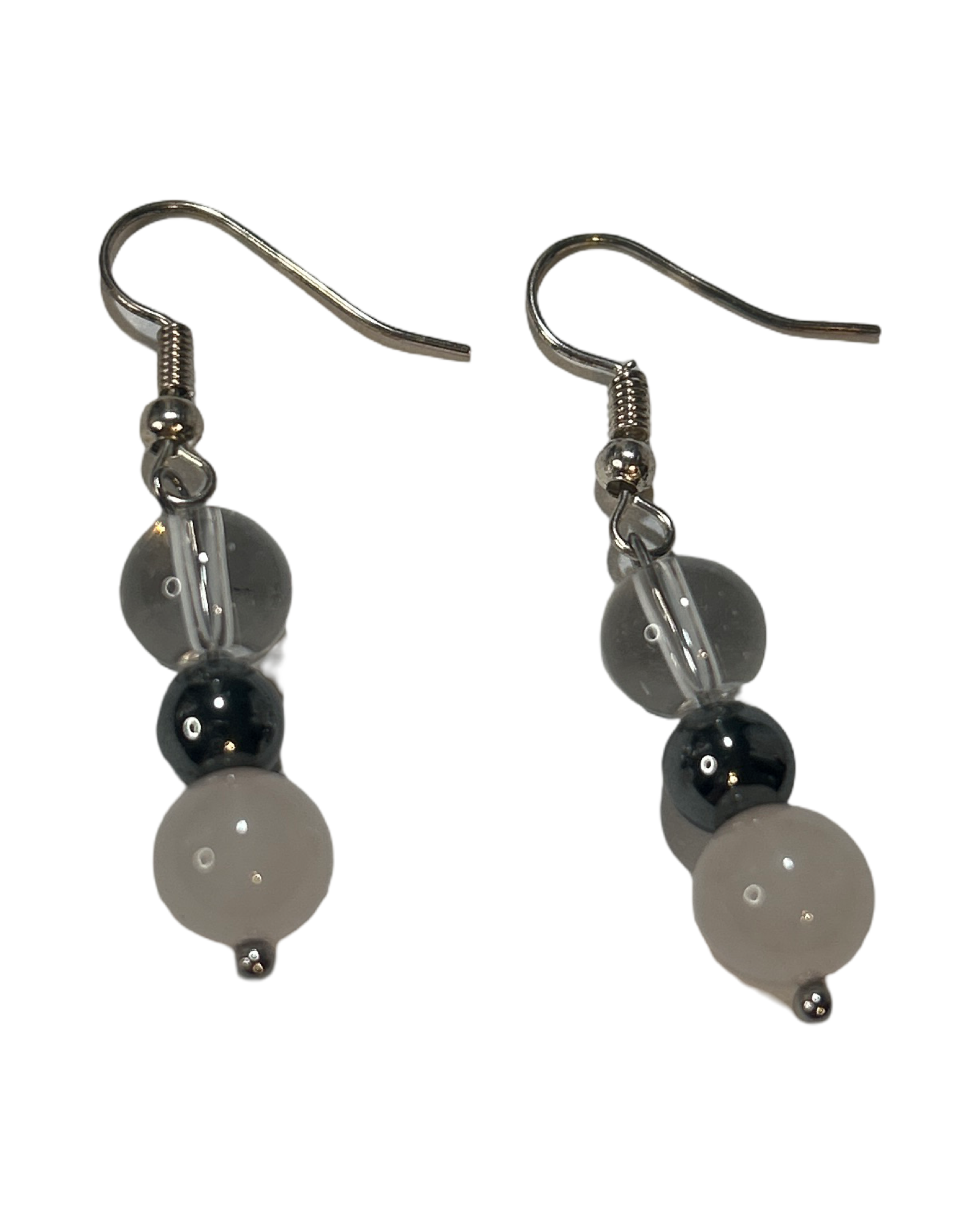 Boucles d’oreilles cristal de roche, quartz rose et hématite