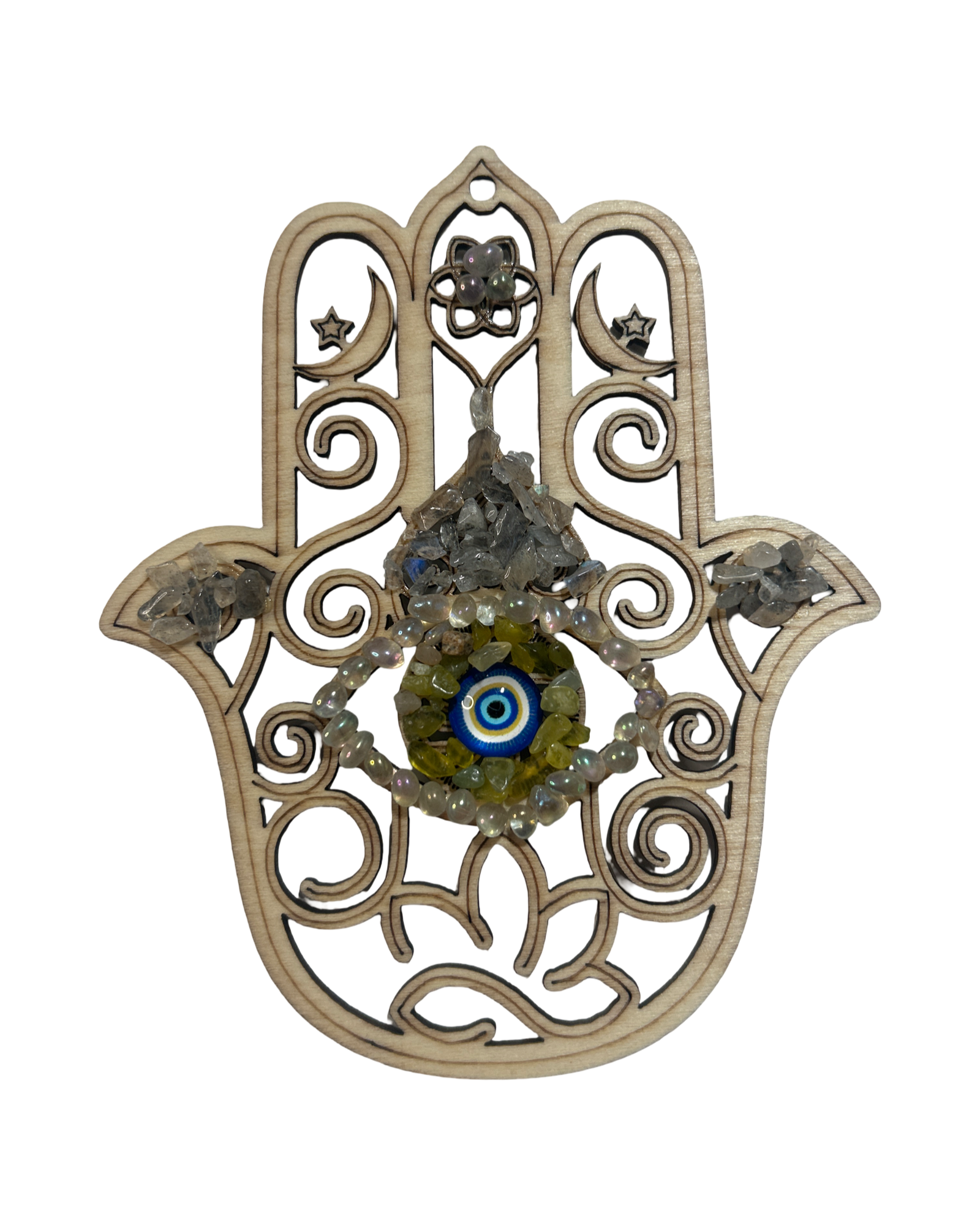 Main de Fatima 5 pouces serpentine, aura Angel et pierre de lune