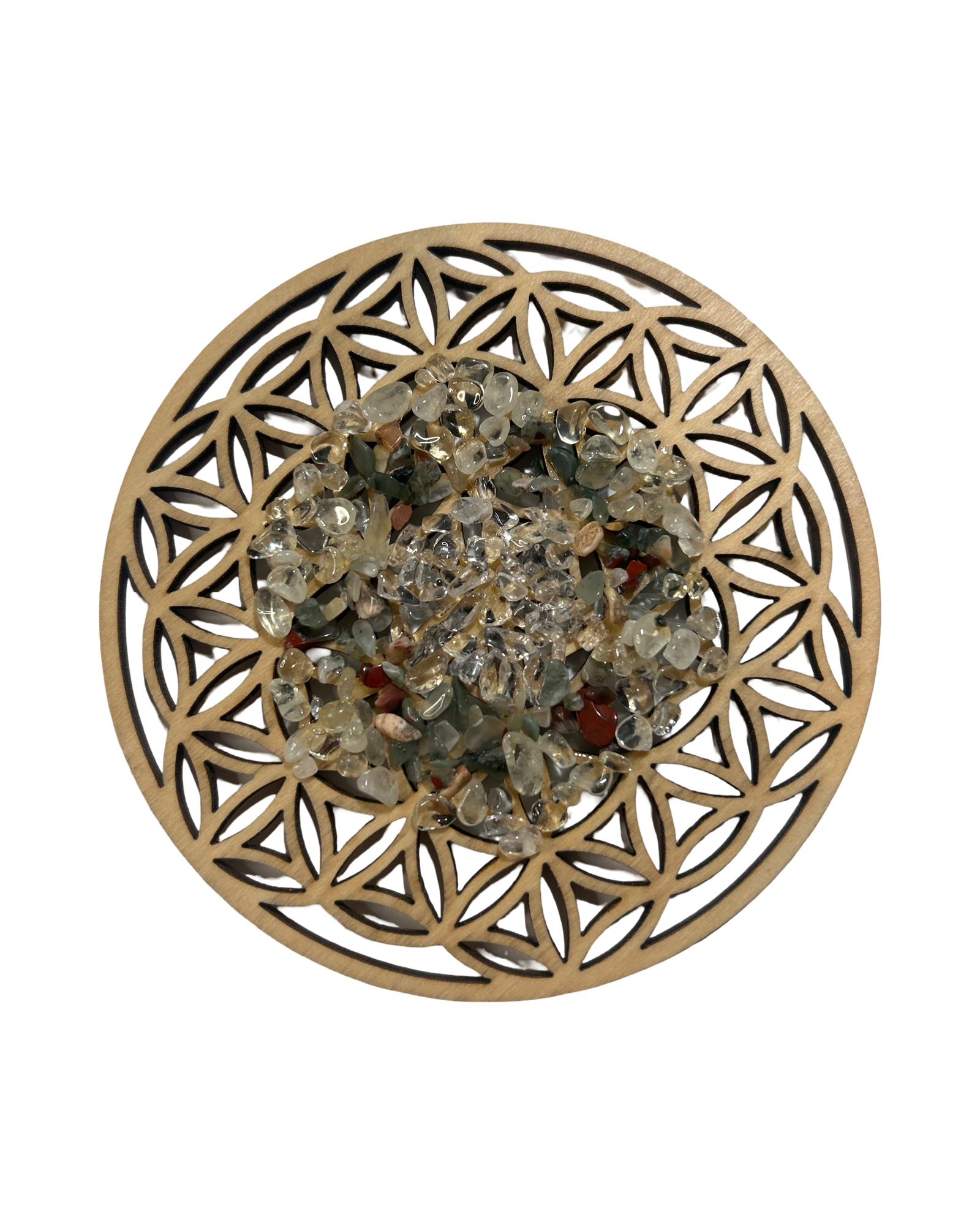 Fleur de vie 4 pouces jaspe sang de dragon, cristal de roche et citrine