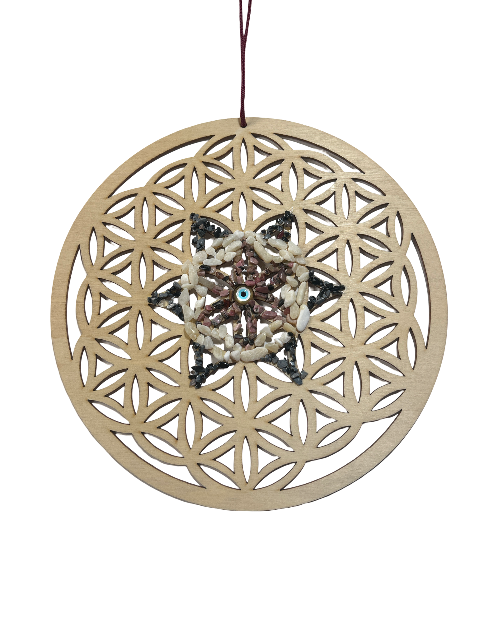 Fleur de vie 12 pouces Rhodonite, calcite jaune, obsidienne neige