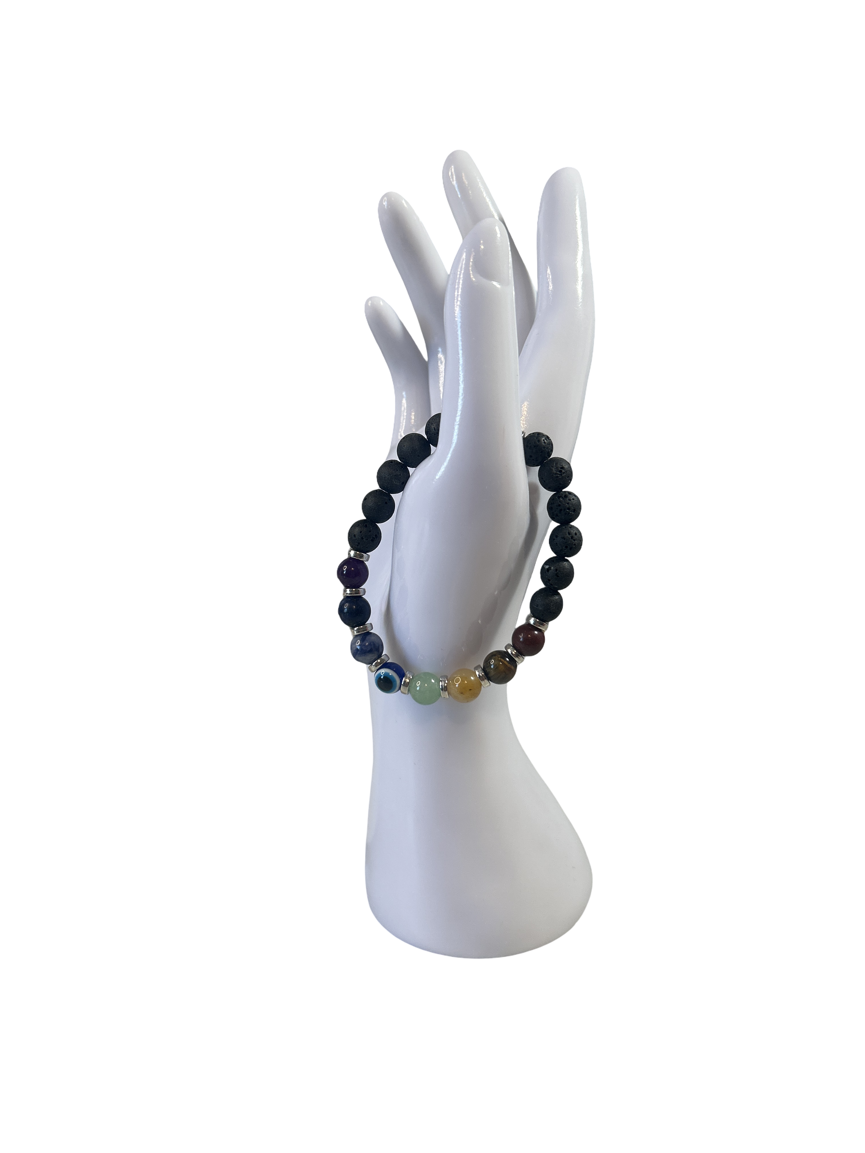 7 chakras bracelet homme argent et pierre de lave