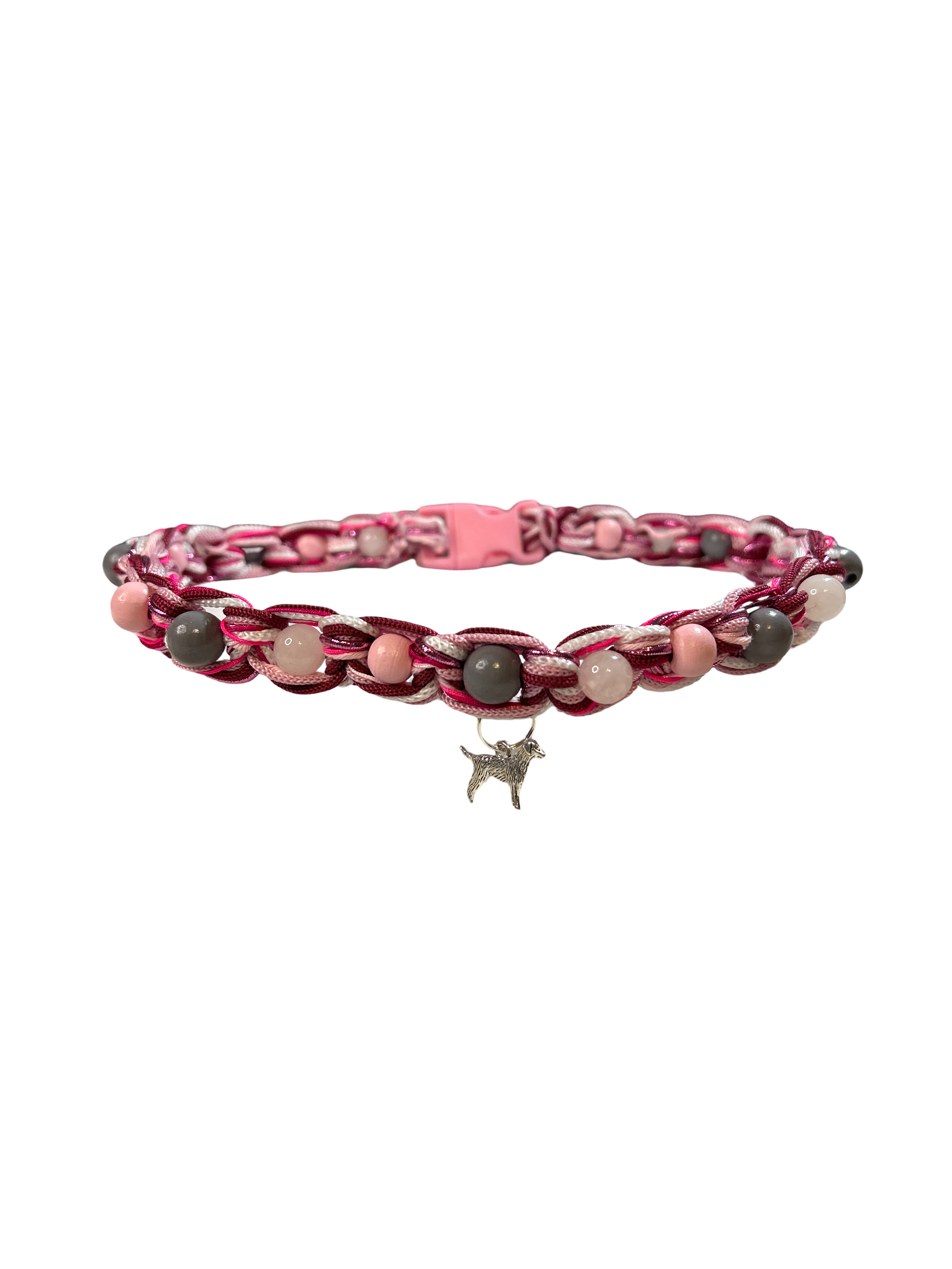 Collier chien tressé quartz rose 21 pouces