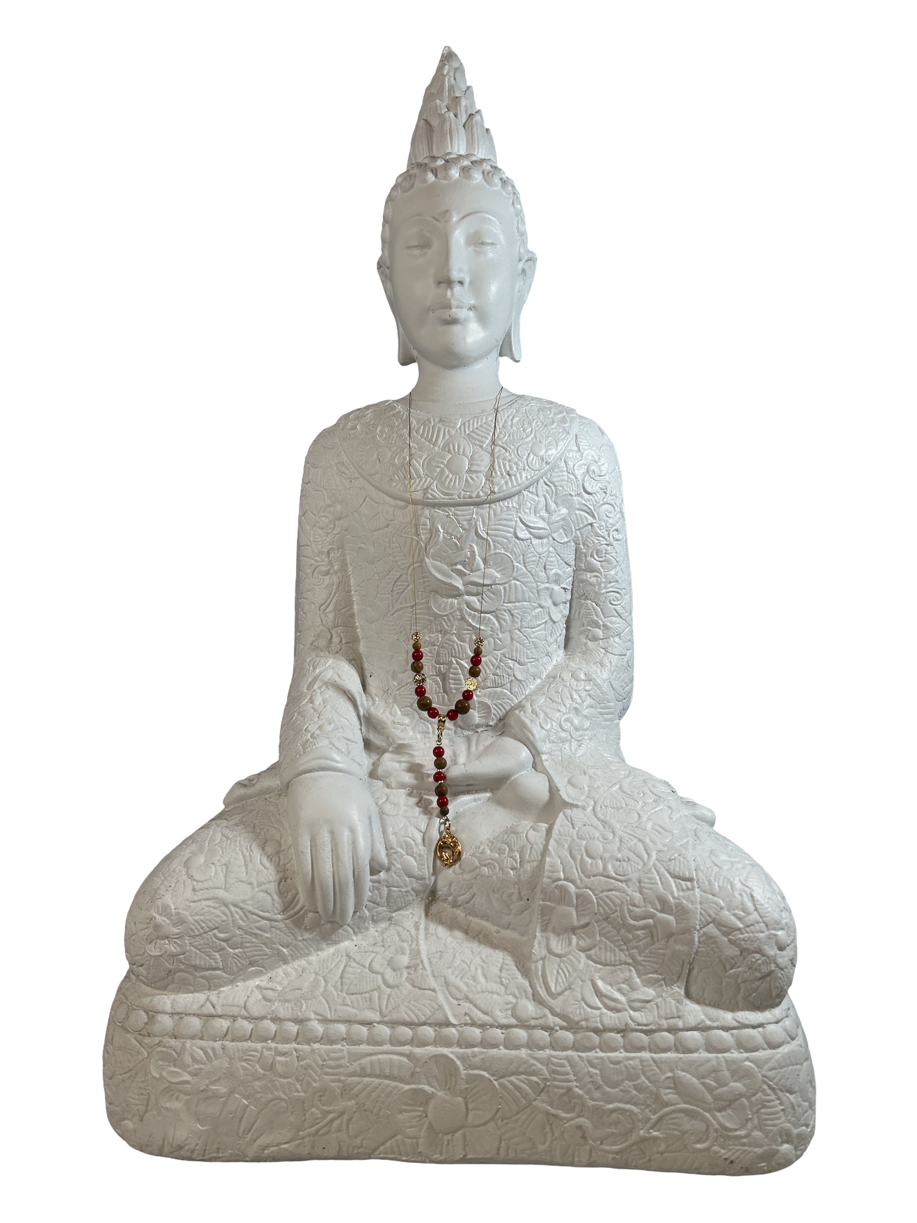 Collier avec fil d’acier inoxydable pierre de bois fossilisé et corail rouge