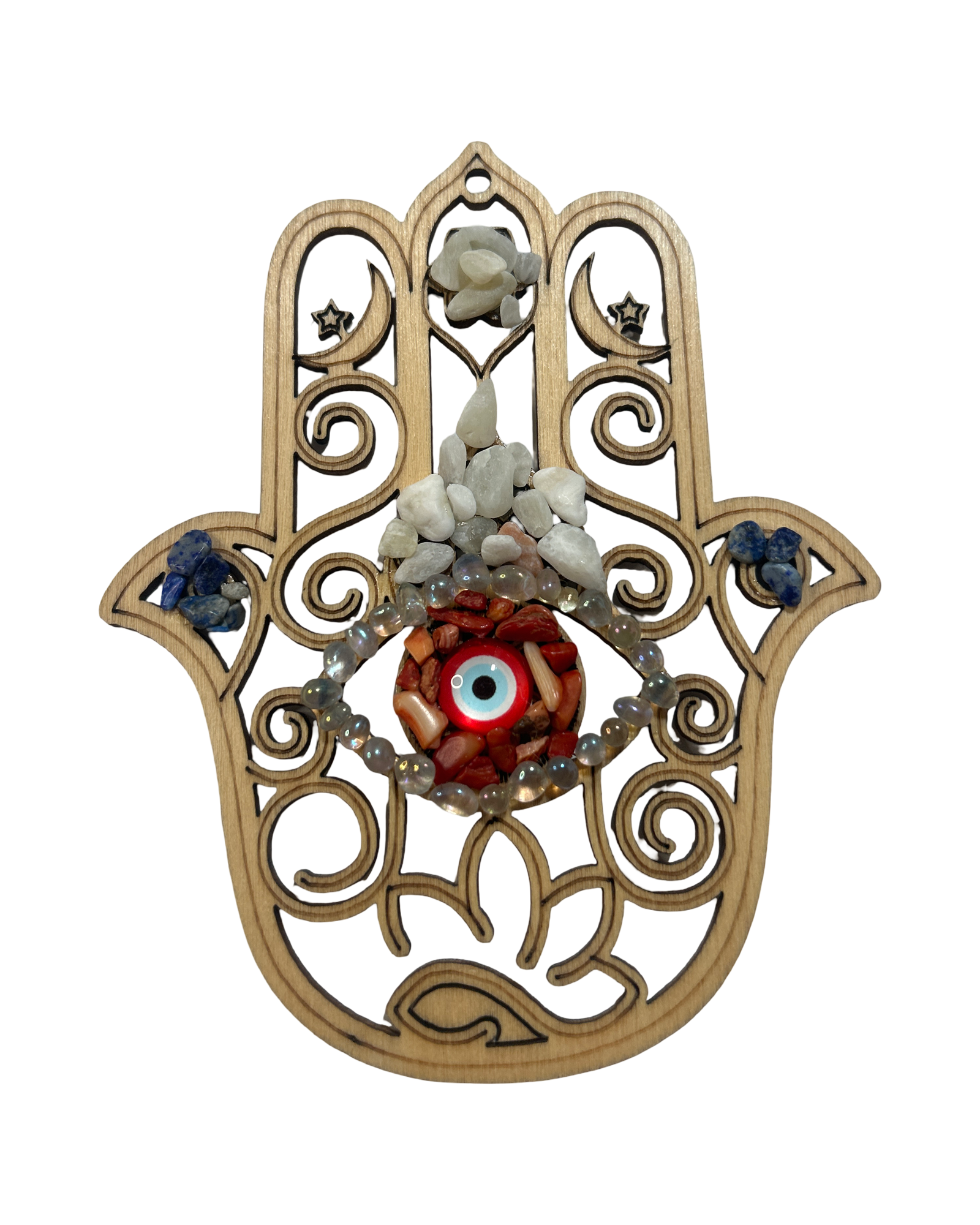 Main de Fatima 5 pouces corail rouge, aura Angel, calcite jaune et lapis lazuli