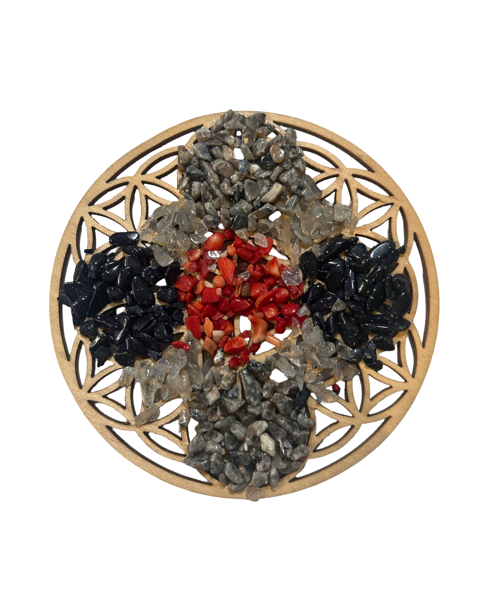 Fleur de vie 4 pouces corail rouge, pierre de sable d’or bleu, pierre de lune et yooperlite