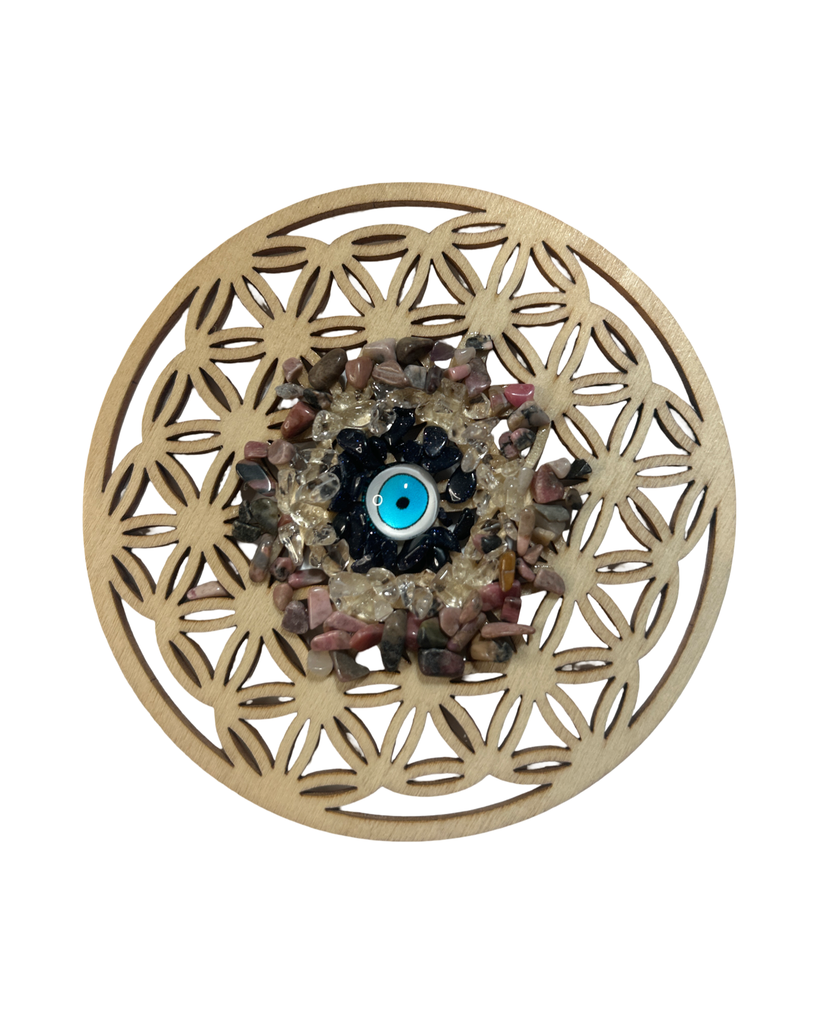 Fleur de vie 4 pouces pierre de sable d’or bleu, cristal de roche et Rhodonite