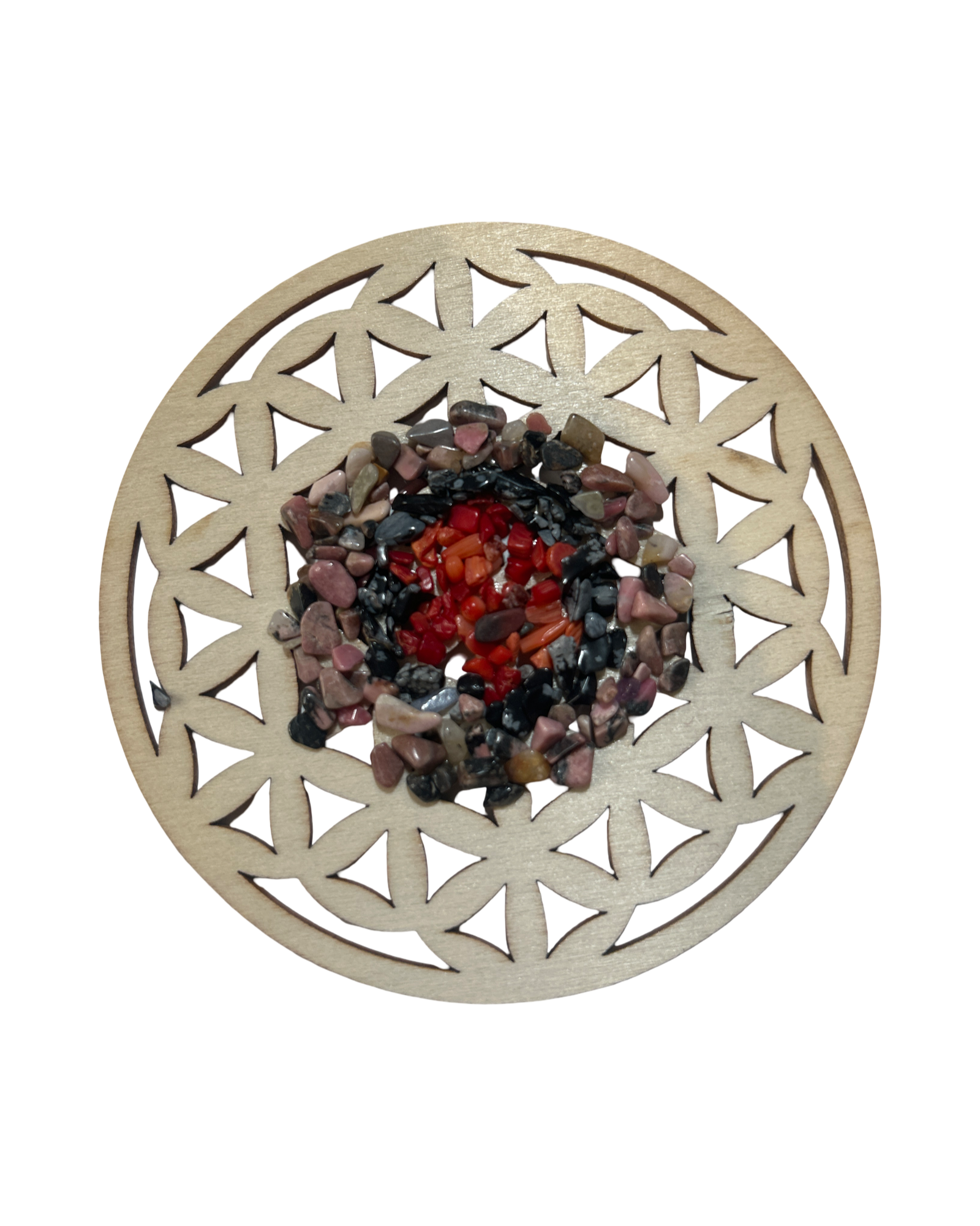 Fleur de vie 4 pouces corail rouge, Rhodonite et obsidienne neige