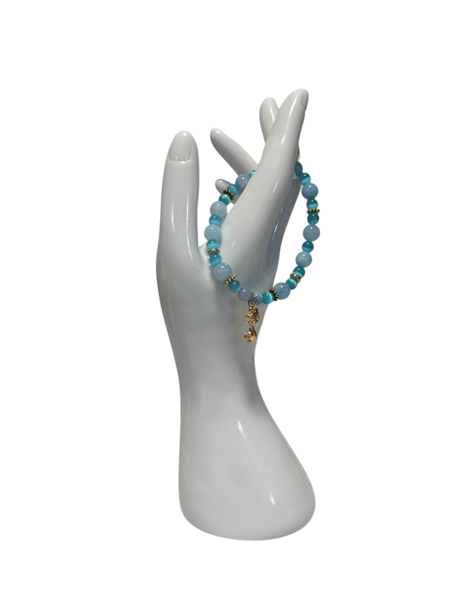 Bracelet Aigue marine et œil de chat bleu