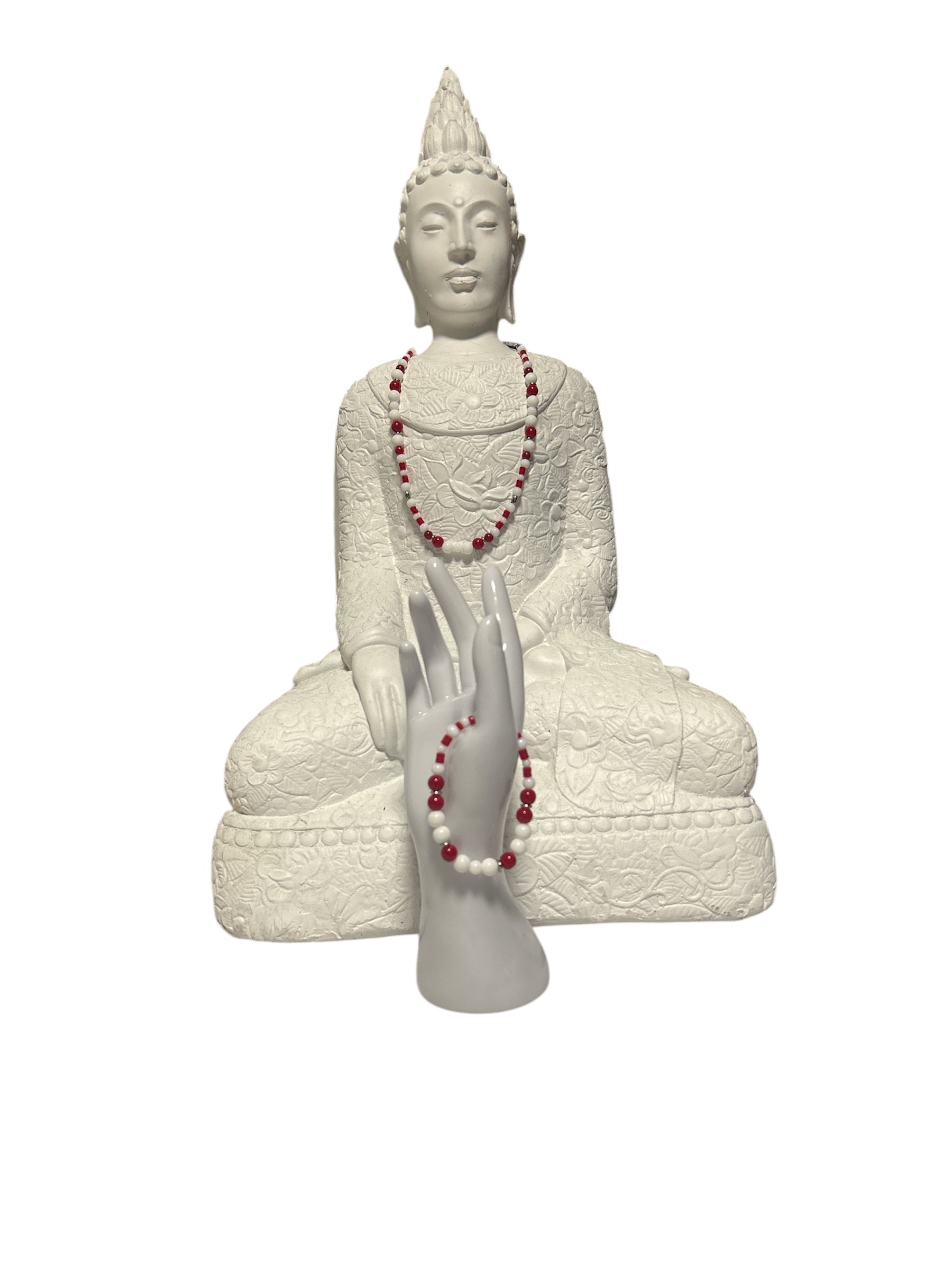 Ensemble collier et bracelet acier inoxydable corail rouge et onyx blanc