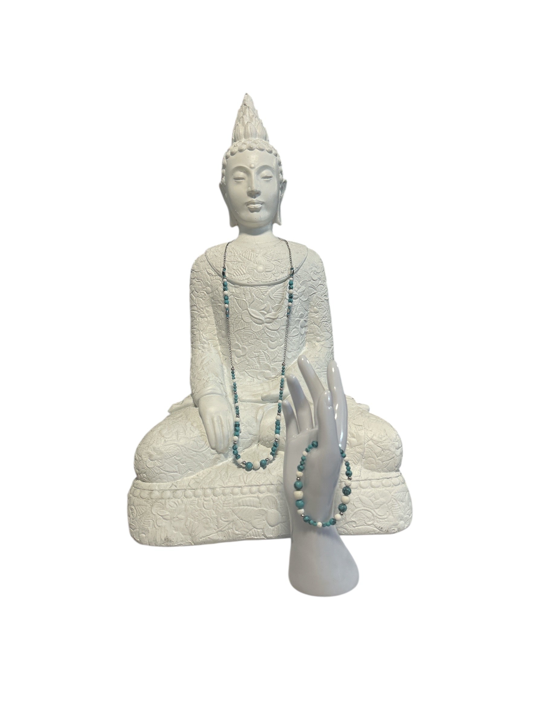 Ensemble collier et bracelet acier inoxydable turquoise et pierre de lave blanche