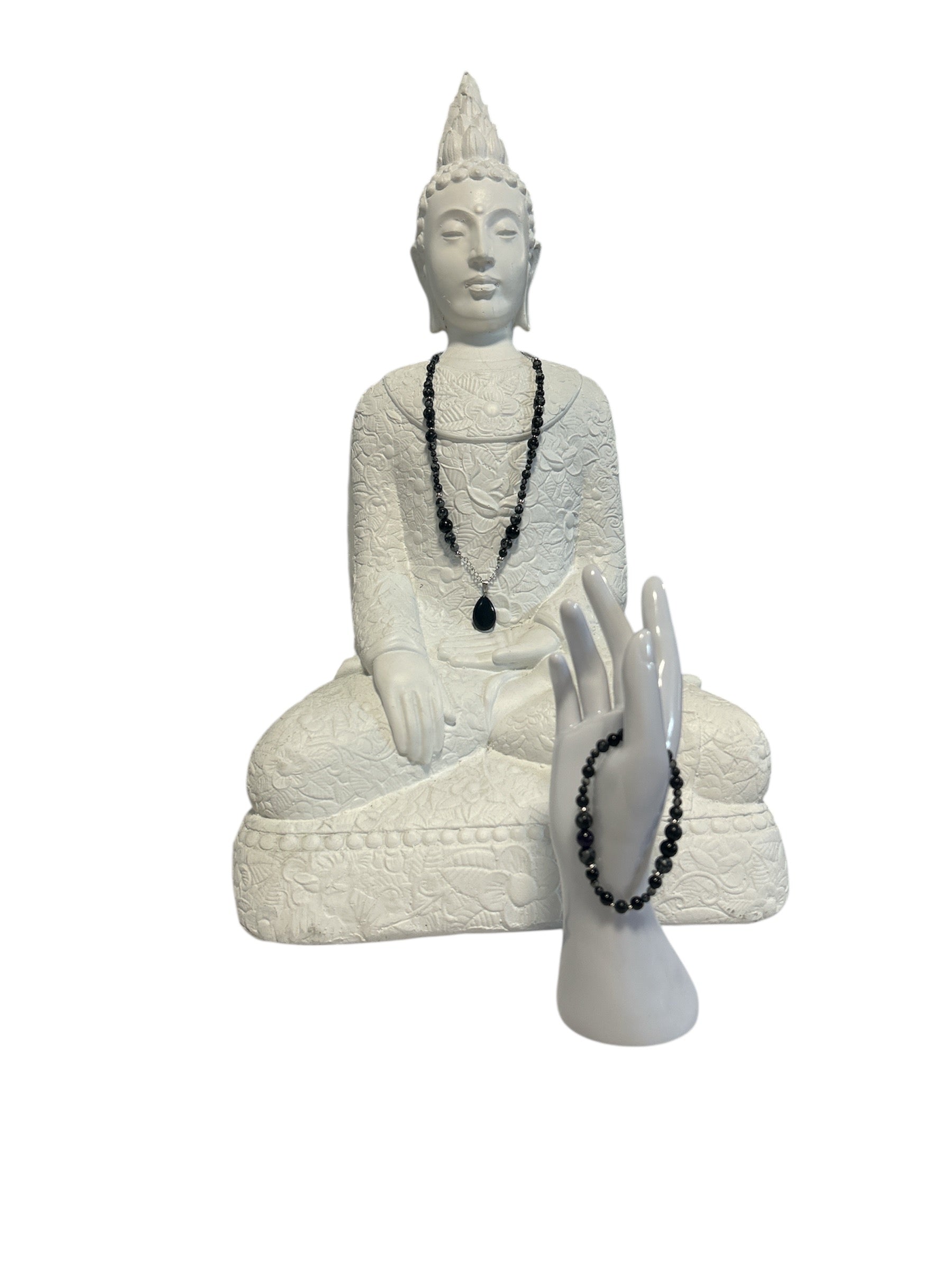 Ensemble collier et bracelet acier inoxydable argent obsidienne neige et obsidienne noire