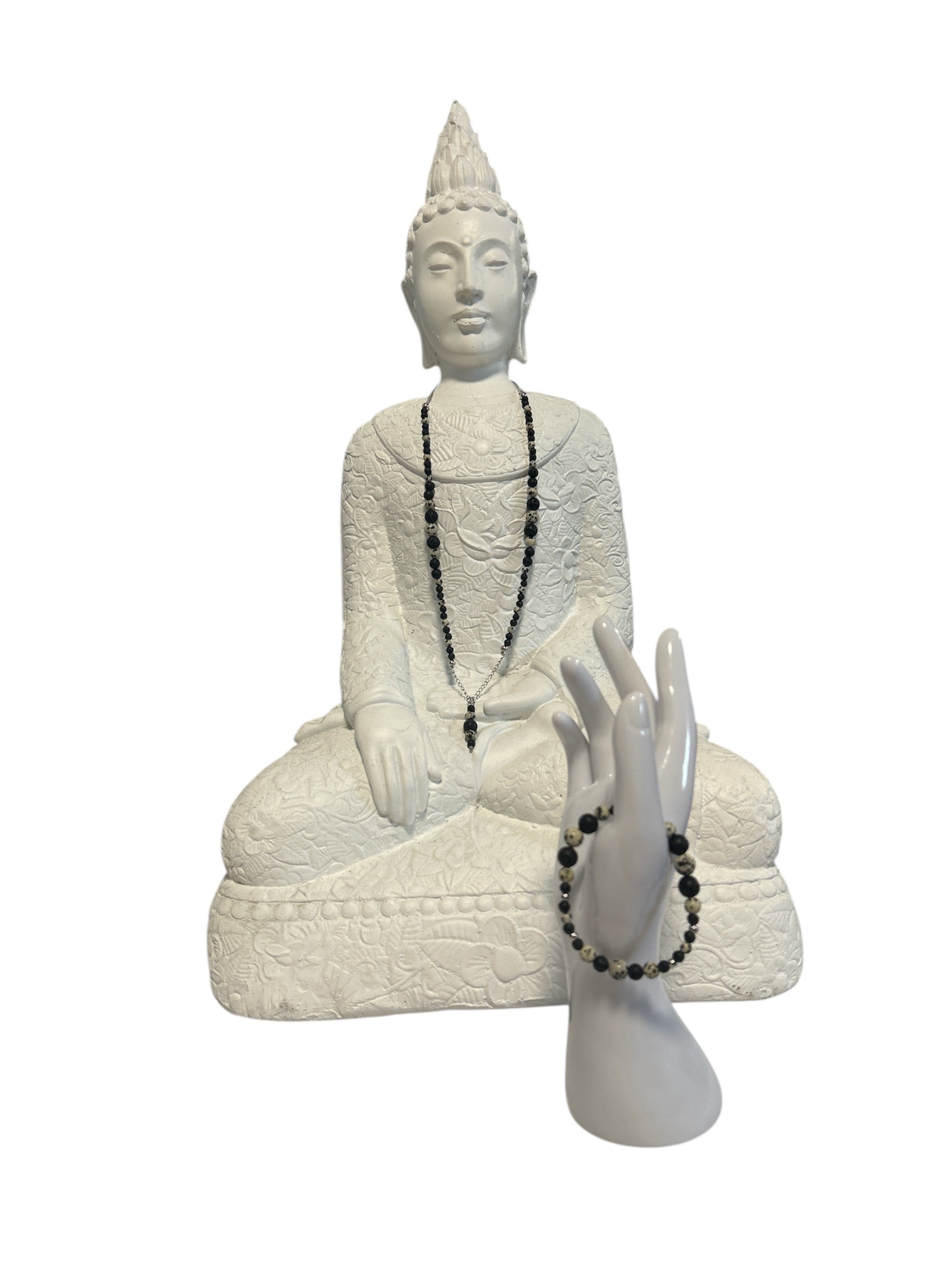 Ensemble collier et bracelet acier inoxydable jaspe dalmatien et pierre de lave noir