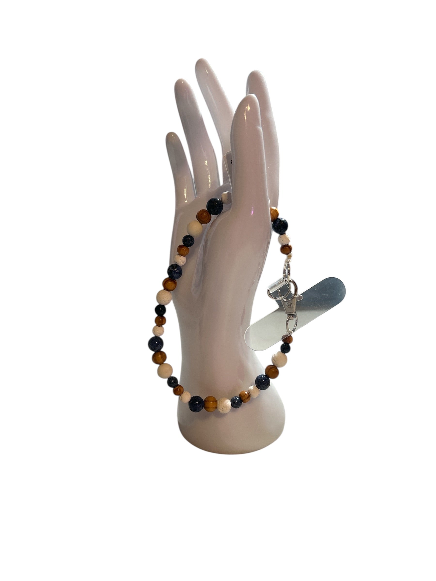 Attache cellulaire jaspe bleu et pierre de lave blanche