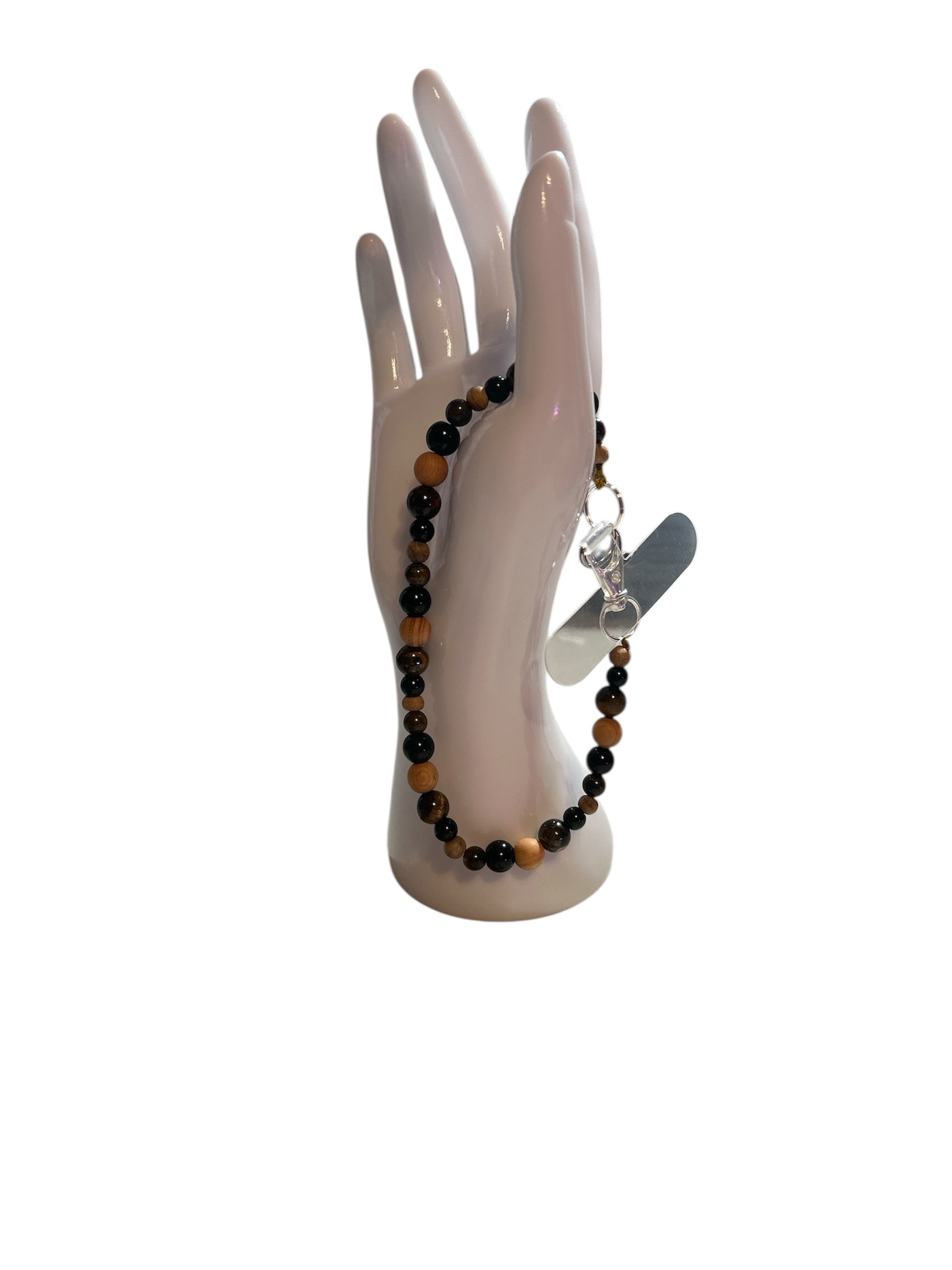 Attache cellulaire œil de tigre et obsidienne