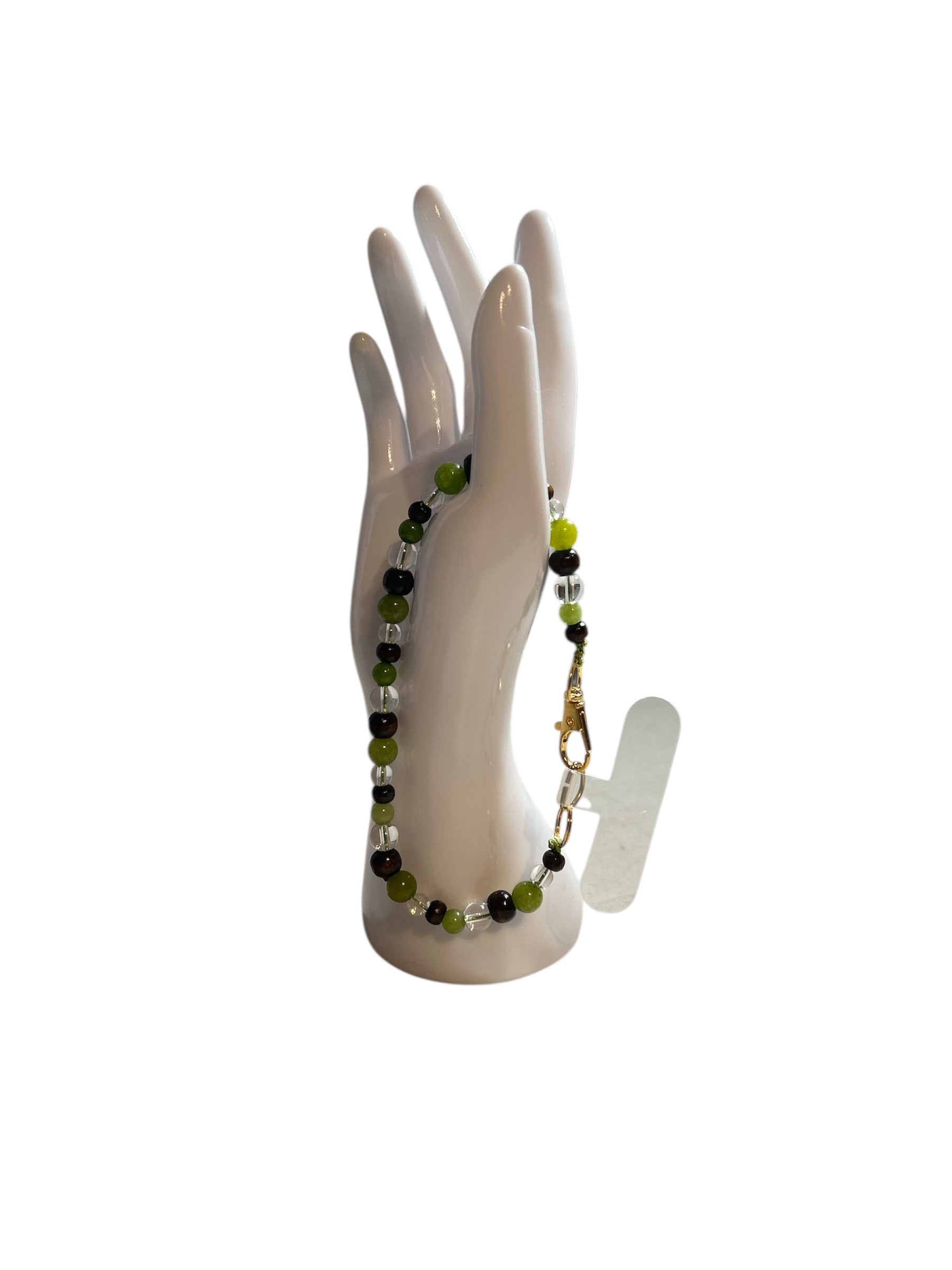 Attache cellulaire péridot et cristal de roche (quartz clair)