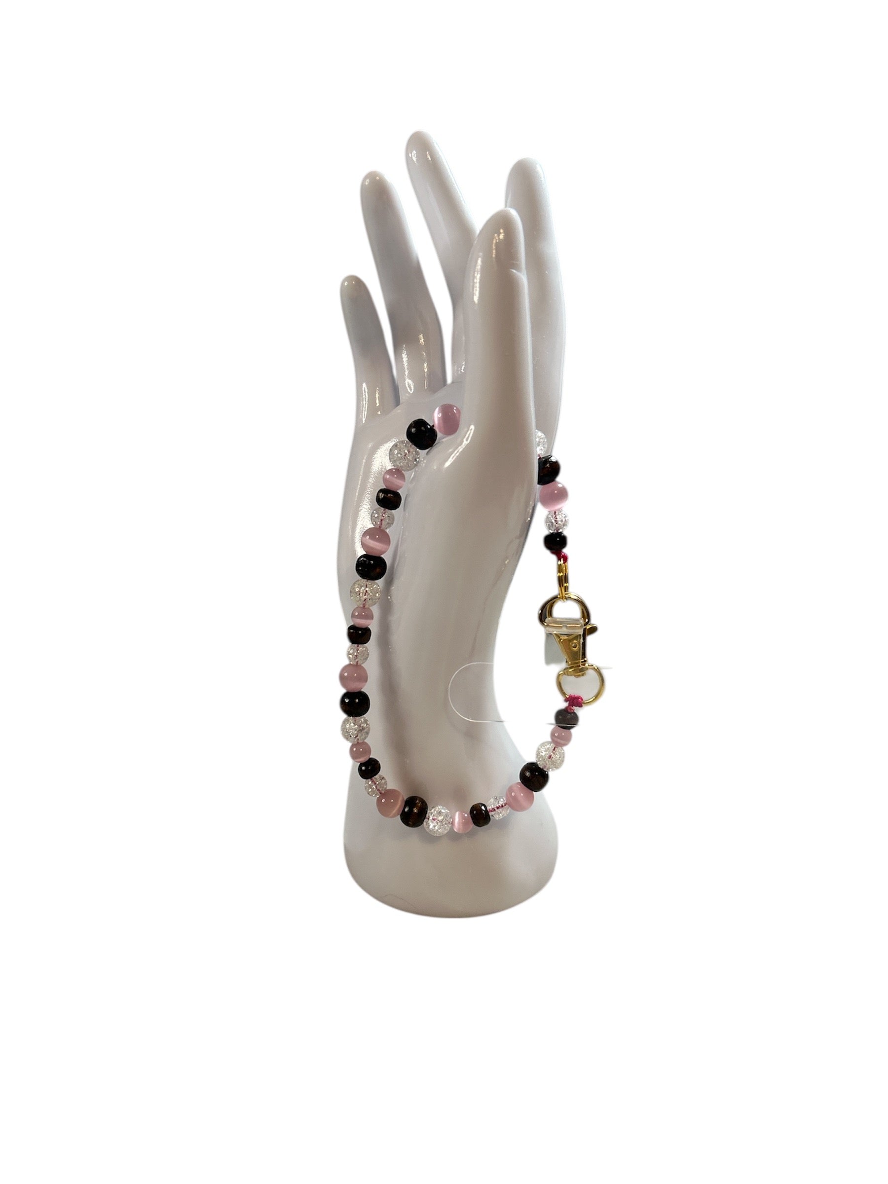 Attache cellulaire quartz naturel fissuré et œil de chat rose